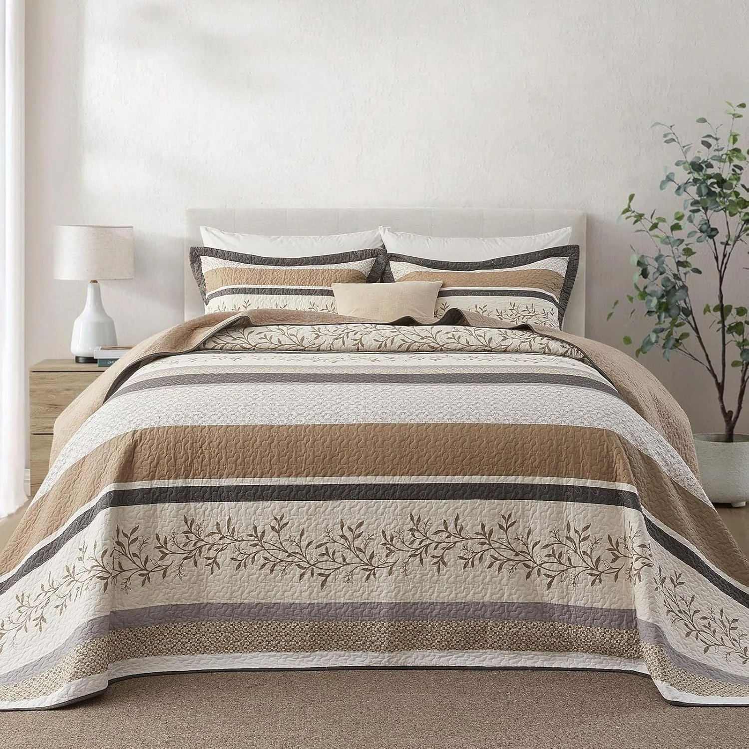 روتختی کینگ سایز بزرگ FineStichery ابعاد 305x305 سانتی متر، لحاف بسیار بزرگ 100% پنبه، طرح گیاهی مزرعه، ست روتختی دو رو و سبک وزن به همراه 2 روبالشی، خاکی/بژ