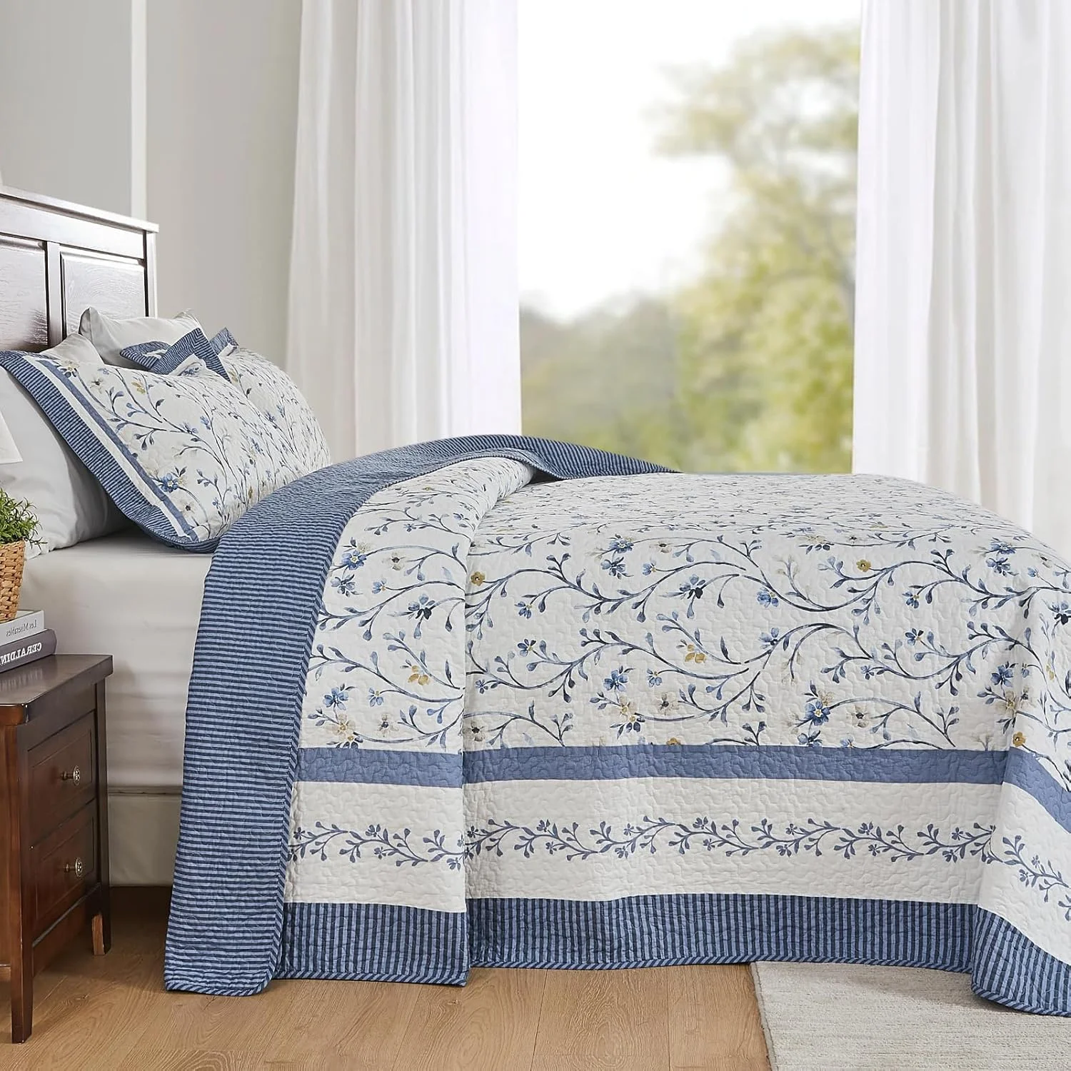 ست روتختی لحاف دار بزرگ FineStichery، 305x305 سانتی متر، لحاف سوپر کینگ 100% پنبه، طرح گیاهی، ست رختخواب لحافی سبک وزن دو رو با 2 روبالشی، آبی/زرد