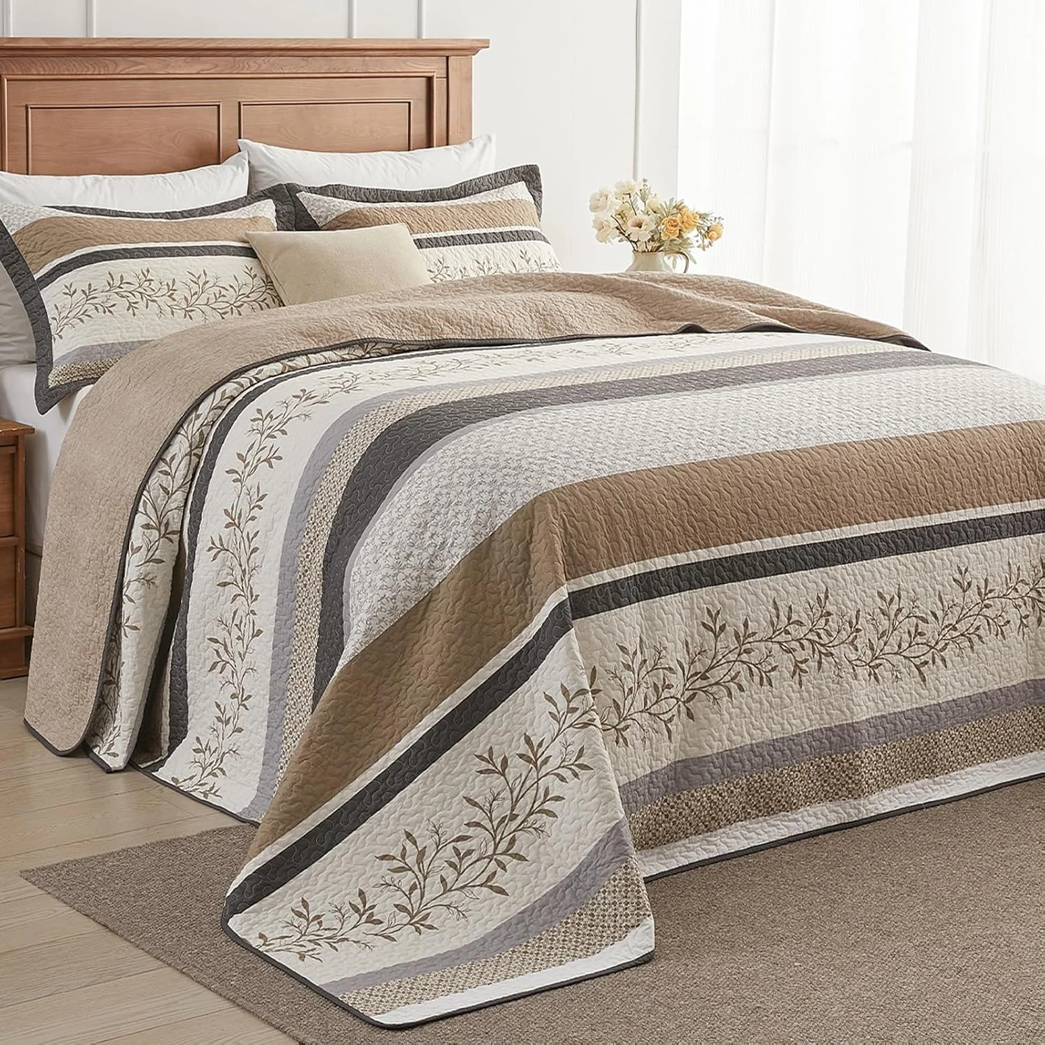 روتختی کینگ سایز بزرگ FineStichery ابعاد 305x305 سانتی متر، لحاف بسیار بزرگ 100% پنبه، طرح گیاهی مزرعه، ست روتختی دو رو و سبک وزن به همراه 2 روبالشی، خاکی/بژ روتختی کینگ سایز بزرگ FineStichery ابعاد 305x305 سانتی متر، لحاف بسیار بزرگ 100% پنبه، طرح گیاهی مزرعه، ست روتختی دو رو و سبک وزن به همراه 2 روبالشی، خاکی/بژ