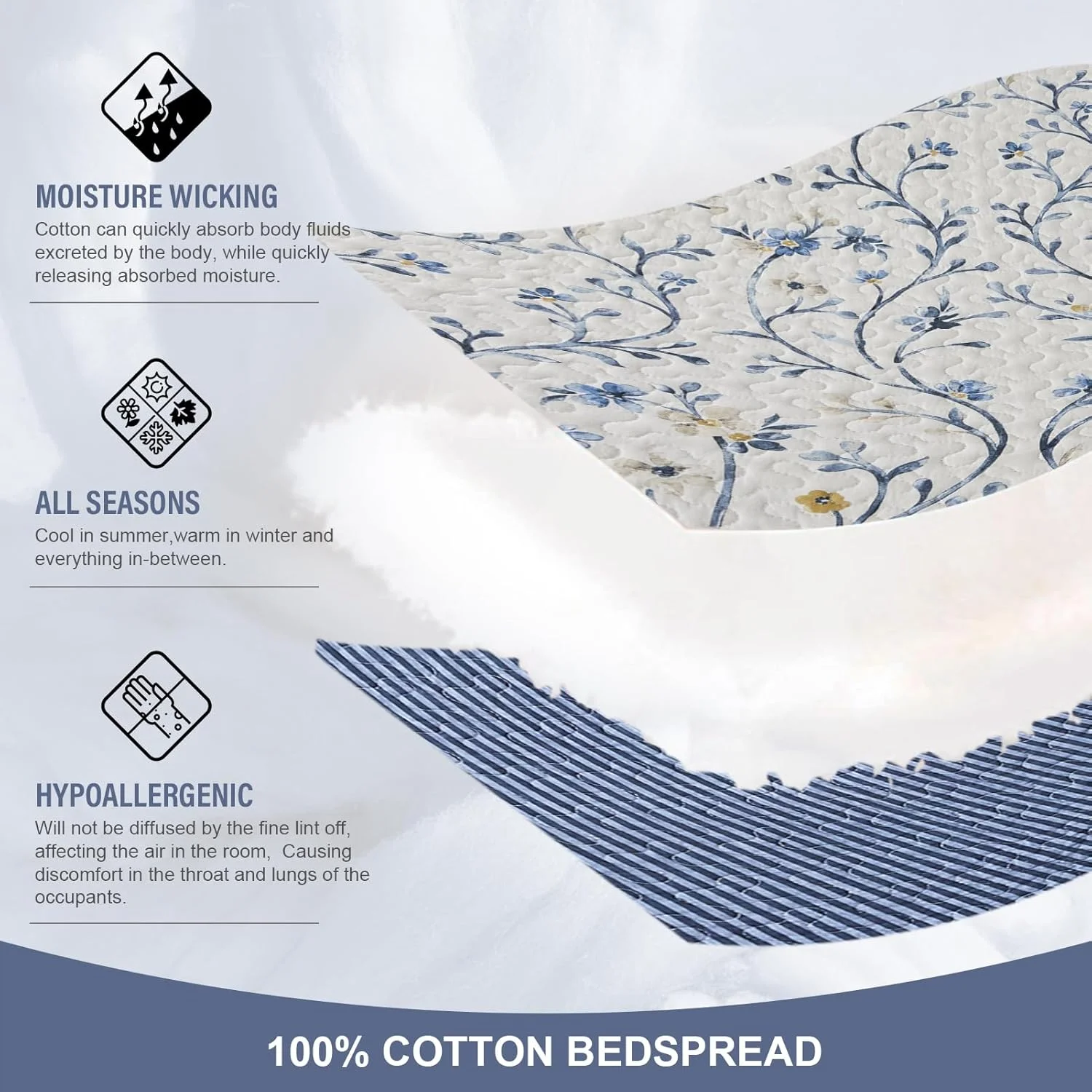 ست روتختی لحاف دار بزرگ FineStichery، 305x305 سانتی متر، لحاف سوپر کینگ 100% پنبه، طرح گیاهی، ست رختخواب لحافی سبک وزن دو رو با 2 روبالشی، آبی/زرد