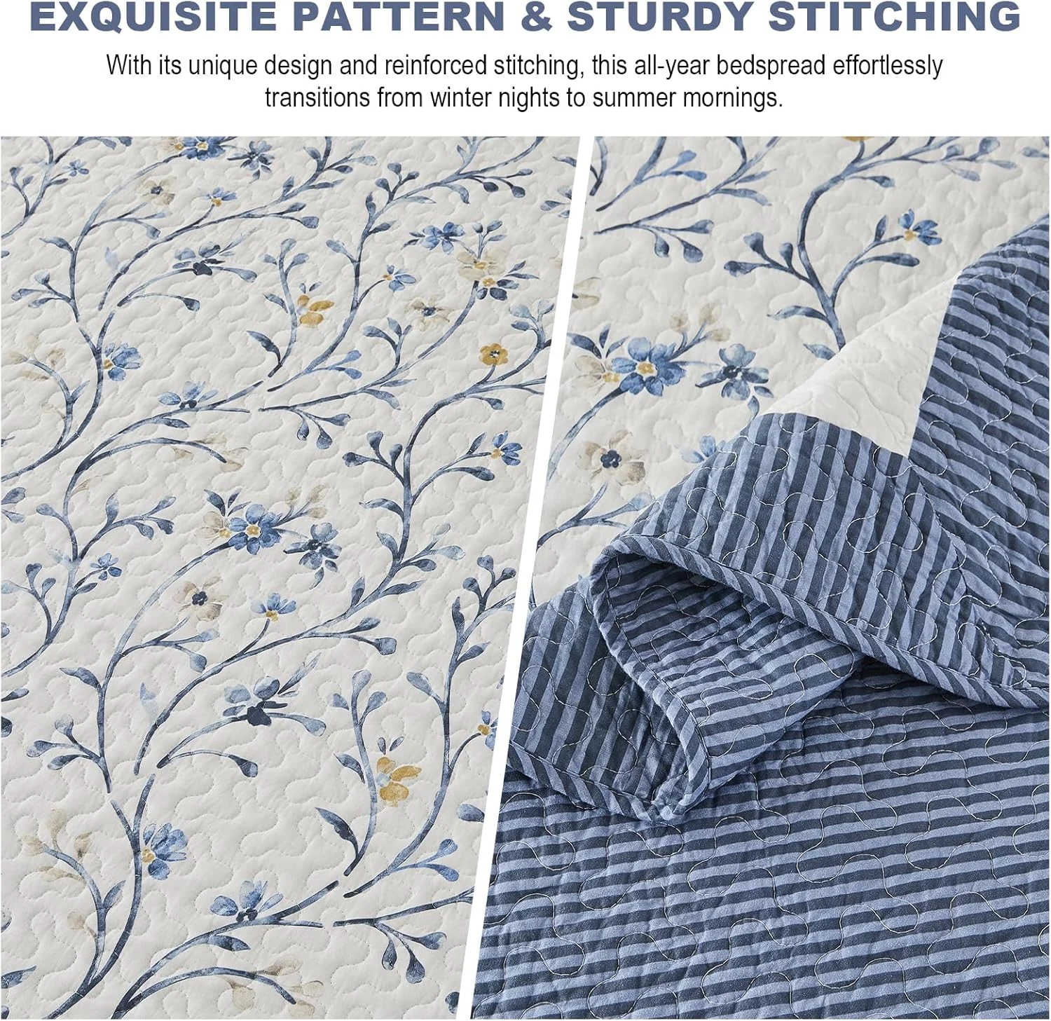 ست روتختی لحاف دار بزرگ FineStichery، 305x305 سانتی متر، لحاف سوپر کینگ 100% پنبه، طرح گیاهی، ست رختخواب لحافی سبک وزن دو رو با 2 روبالشی، آبی/زرد