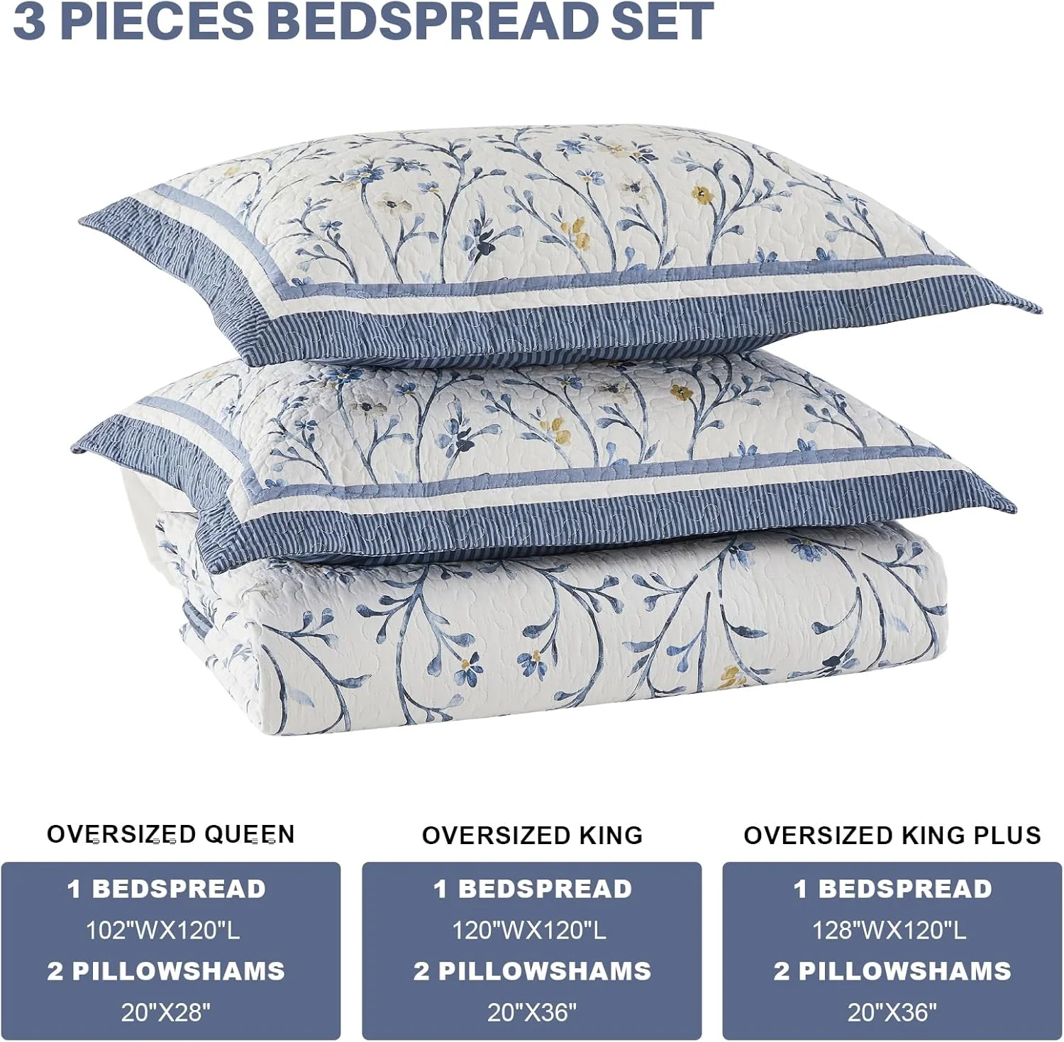 ست روتختی لحاف دار بزرگ FineStichery، 305x305 سانتی متر، لحاف سوپر کینگ 100% پنبه، طرح گیاهی، ست رختخواب لحافی سبک وزن دو رو با 2 روبالشی، آبی/زرد