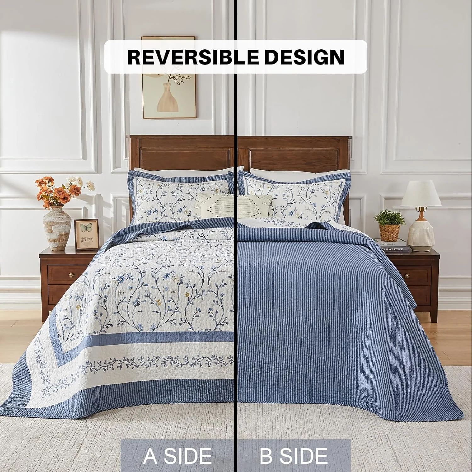 ست روتختی لحاف دار بزرگ FineStichery، 305x305 سانتی متر، لحاف سوپر کینگ 100% پنبه، طرح گیاهی، ست رختخواب لحافی سبک وزن دو رو با 2 روبالشی، آبی/زرد