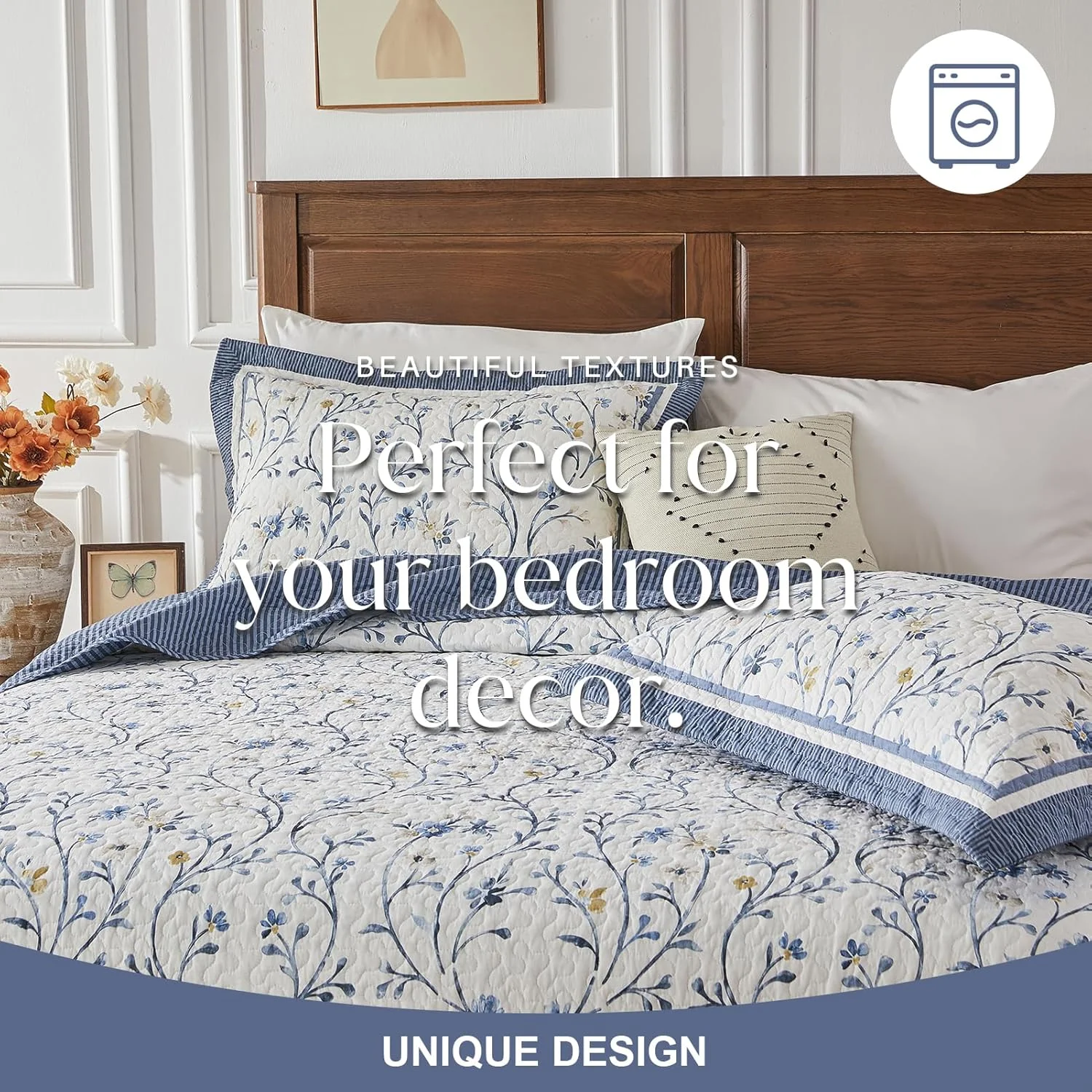 ست روتختی لحاف دار بزرگ FineStichery، 305x305 سانتی متر، لحاف سوپر کینگ 100% پنبه، طرح گیاهی، ست رختخواب لحافی سبک وزن دو رو با 2 روبالشی، آبی/زرد