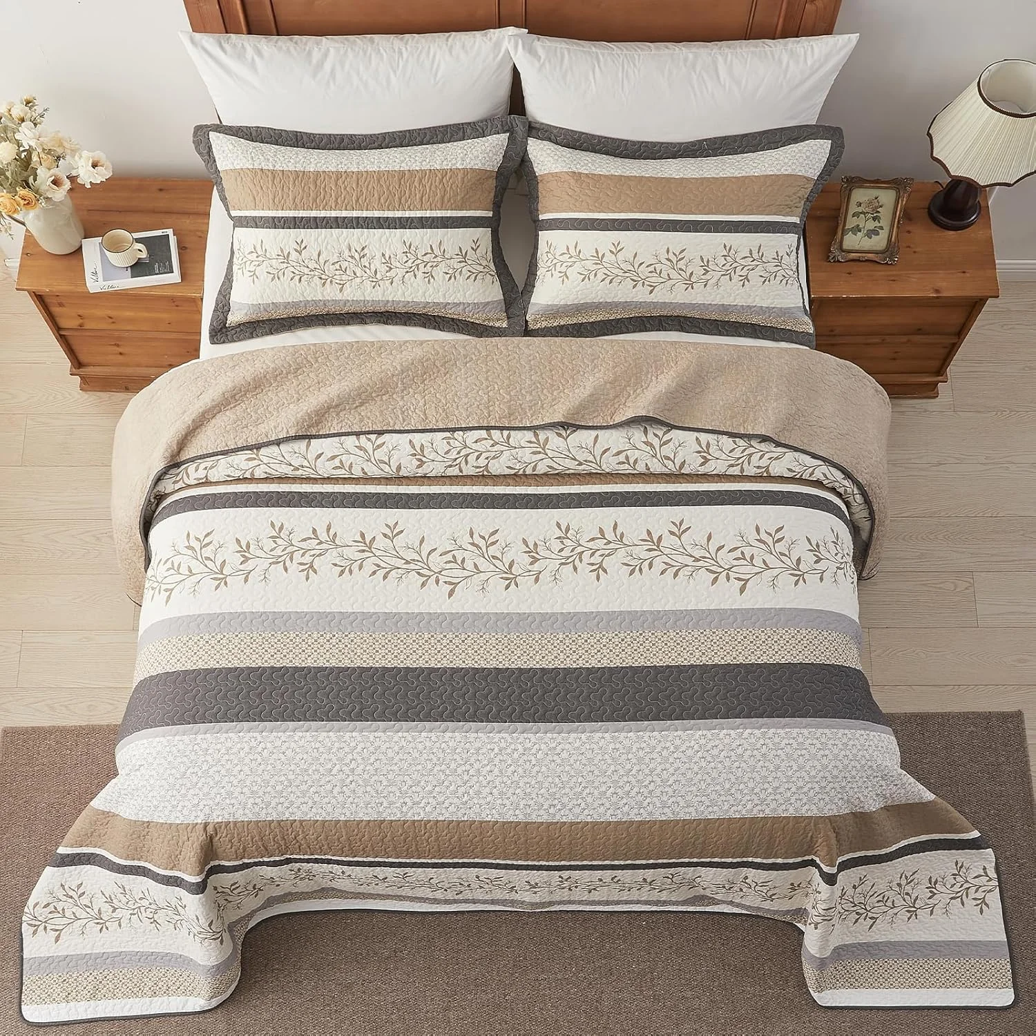 روتختی کینگ سایز بزرگ FineStichery ابعاد 305x305 سانتی متر، لحاف بسیار بزرگ 100% پنبه، طرح گیاهی مزرعه، ست روتختی دو رو و سبک وزن به همراه 2 روبالشی، خاکی/بژ روتختی کینگ سایز بزرگ FineStichery ابعاد 305x305 سانتی متر، لحاف بسیار بزرگ 100% پنبه، طرح گیاهی مزرعه، ست روتختی دو رو و سبک وزن به همراه 2 روبالشی، خاکی/بژ