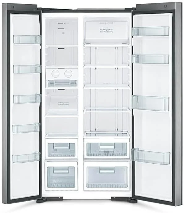 یخچال ساید بای ساید هیتاچی 700 لیتری مدل RS700PUK0GBS، 10 سال گارانتی کمپرسور اینورتر، یخچال بدون برفک، سیستم خنک کننده دوگانه فن - انجماد سریع - پنل LED - یخ ساز آسان چرخشی، نقره ای شیشه ای یخچال ساید بای ساید هیتاچی 700 لیتری مدل RS700PUK0GBS، 10 سال گارانتی کمپرسور اینورتر، یخچال بدون برفک، سیستم خنک کننده دوگانه فن - انجماد سریع - پنل LED - یخ ساز آسان چرخشی، نقره ای شیشه ای