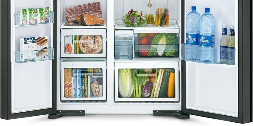 یخچال ساید بای ساید هیتاچی 700 لیتری مدل RS700PUK0GBS، 10 سال گارانتی کمپرسور اینورتر، یخچال بدون برفک، سیستم خنک کننده دوگانه فن - انجماد سریع - پنل LED - یخ ساز آسان چرخشی، نقره ای شیشه ای یخچال ساید بای ساید هیتاچی 700 لیتری مدل RS700PUK0GBS، 10 سال گارانتی کمپرسور اینورتر، یخچال بدون برفک، سیستم خنک کننده دوگانه فن - انجماد سریع - پنل LED - یخ ساز آسان چرخشی، نقره ای شیشه ای