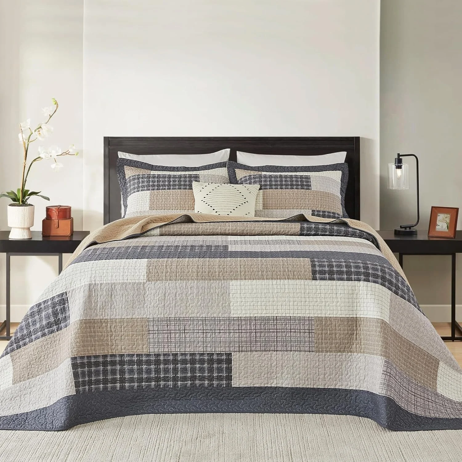 FineStichery 100% Cotton Queen Bedspread 120"x102", Oversized Quilt Bedspread Coverlet Set, Farmhouse Striped Pattern, Reversible Quilted Bedding Set, 3 Pieces, Gray/Brown/Beige/Dark Navy