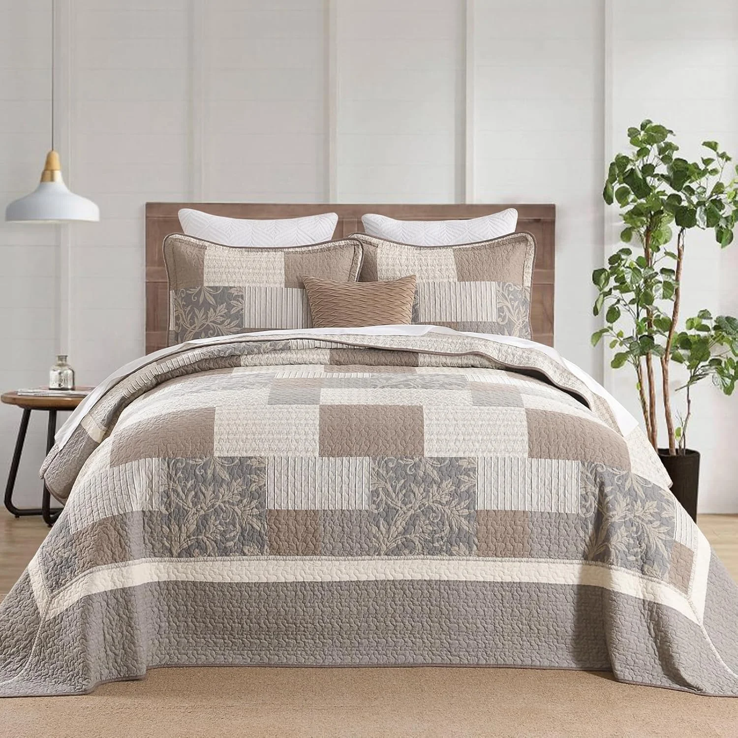 روتختی کینگ سایز بزرگ طرح مزرعه فاین استیچری 305x305 سانتی متر، لحاف بزرگ چهارخانه 100% پنبه به همراه 2 روبالشتی، رو تختی سبک وزن دو طرفه، خاکستری/بژ/قهوه ای