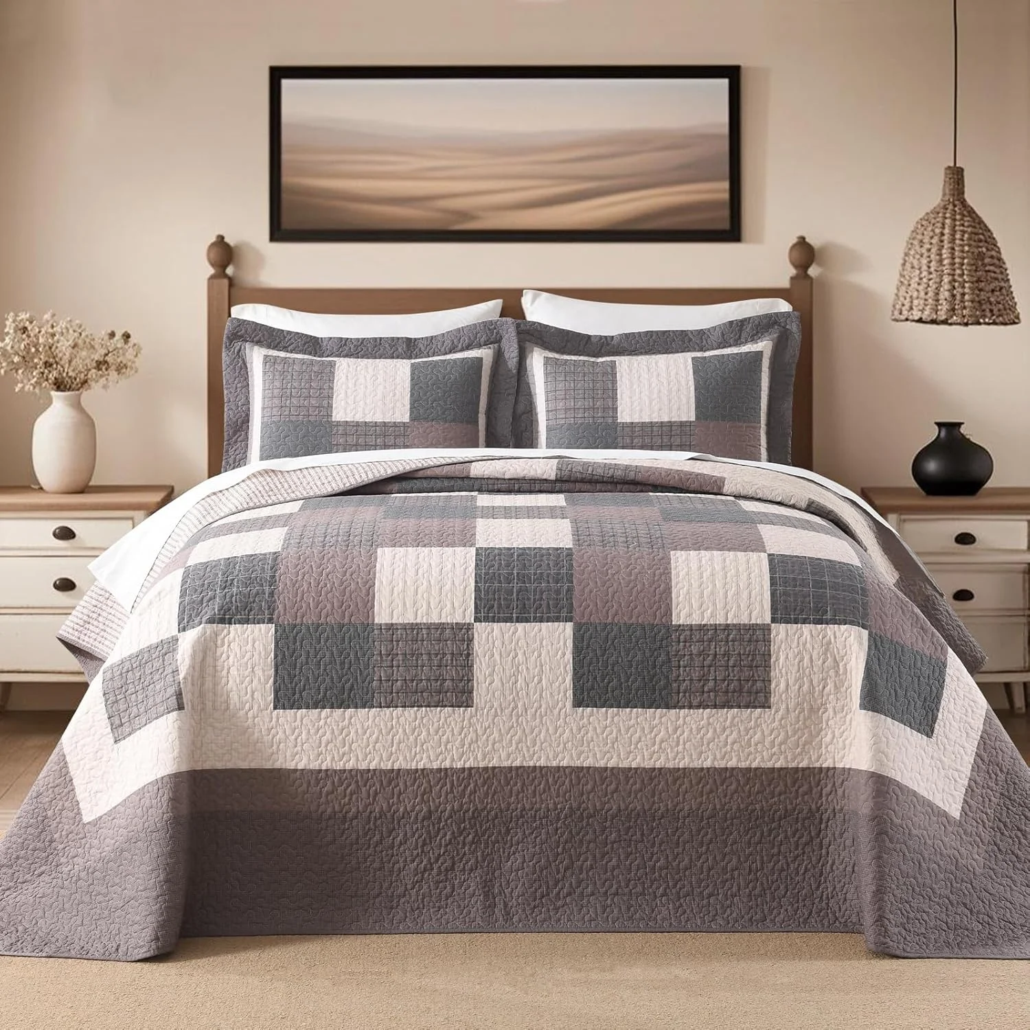 FineStichery 100% Cotton Queen Bedspread 102" Wx120 L, Oversized Quilt with Pillow Shams, Farmhouse Quilted Plaid Bed Spread Coverlet, Lightweight Bedding Cover, 3 Piece, Brown/Black