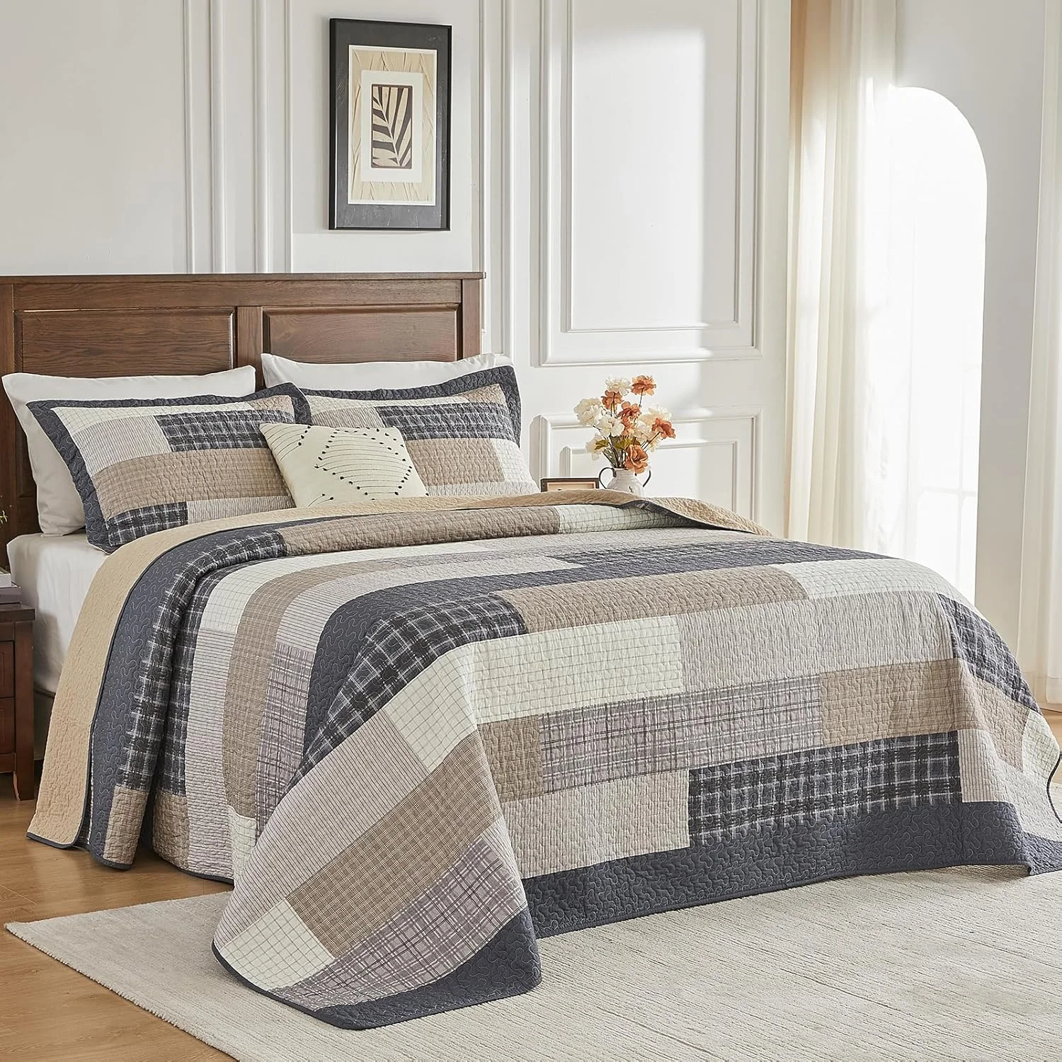 FineStichery 100% Cotton Queen Bedspread 120"x102", Oversized Quilt Bedspread Coverlet Set, Farmhouse Striped Pattern, Reversible Quilted Bedding Set, 3 Pieces, Gray/Brown/Beige/Dark Navy FineStichery 100% Cotton Queen Bedspread 120"x102", Oversized Quilt Bedspread Coverlet Set, Farmhouse Striped Pattern, Reversible Quilted Bedding Set, 3 Pieces, Gray/Brown/Beige/Dark Navy