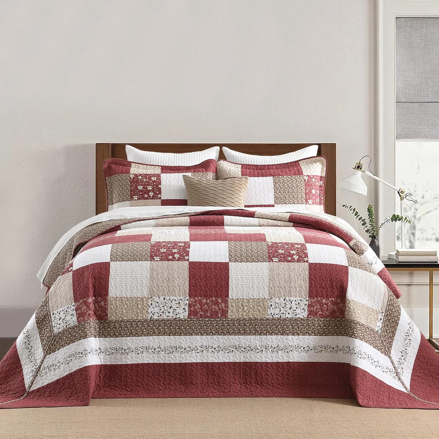 FineStichery 100% Cotton King Bedspread 128"x120", Oversized Quilt Set, Extra Wide Bedspread Coverlet, Plaid Floral Pattern, Lightweight Quilted Reversible Bedding Set, 3 Piece, Cream/Burgundy
