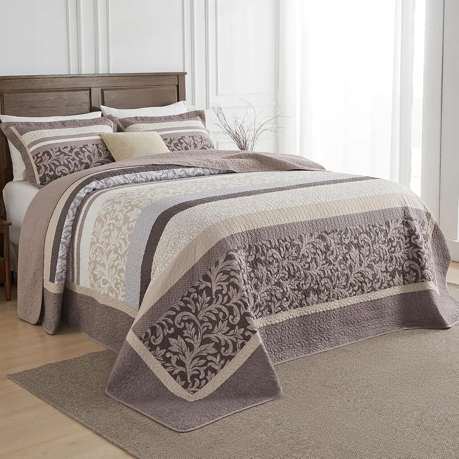 روتختی لحاف دار بزرگ طرح مزرعه فاین استیچری مناسب تخت کوئین سایز 305x259 سانتی متر، ست روتختی لحافی پنبه 100% بزرگ، طرح راه راه گیاهی، ست روتختی لحافی سبک و نرم، مناسب تمام فصول، قهوه ای/خاکی/طوسی