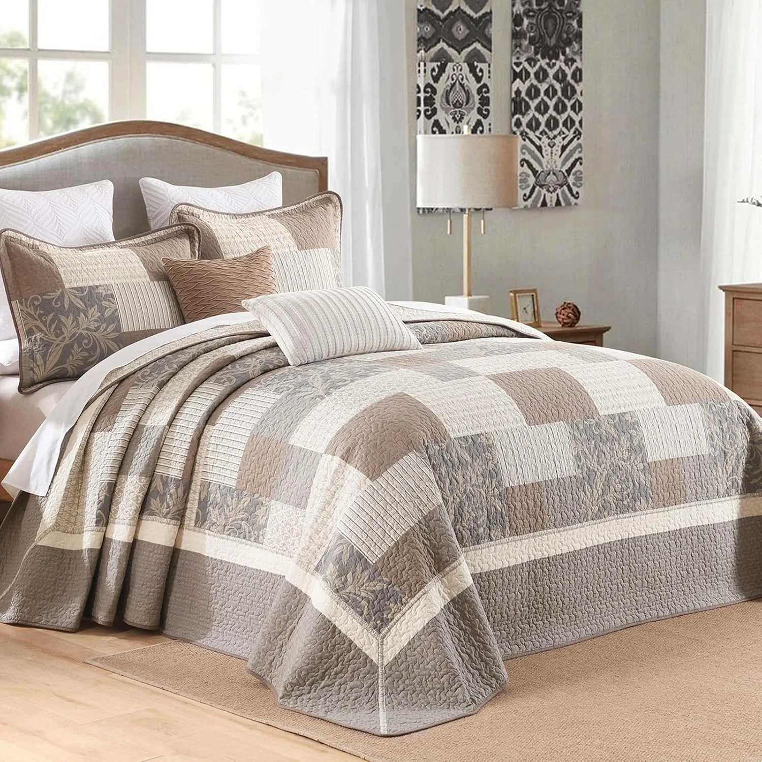 روتختی کینگ سایز بزرگ طرح مزرعه فاین استیچری 305x305 سانتی متر، لحاف بزرگ چهارخانه 100% پنبه به همراه 2 روبالشتی، رو تختی سبک وزن دو طرفه، خاکستری/بژ/قهوه ای