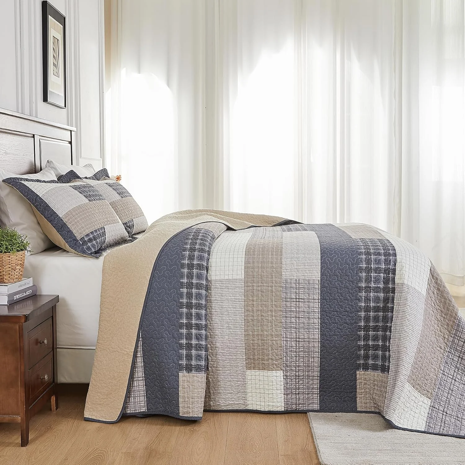 FineStichery 100% Cotton Queen Bedspread 120"x102", Oversized Quilt Bedspread Coverlet Set, Farmhouse Striped Pattern, Reversible Quilted Bedding Set, 3 Pieces, Gray/Brown/Beige/Dark Navy FineStichery 100% Cotton Queen Bedspread 120"x102", Oversized Quilt Bedspread Coverlet Set, Farmhouse Striped Pattern, Reversible Quilted Bedding Set, 3 Pieces, Gray/Brown/Beige/Dark Navy