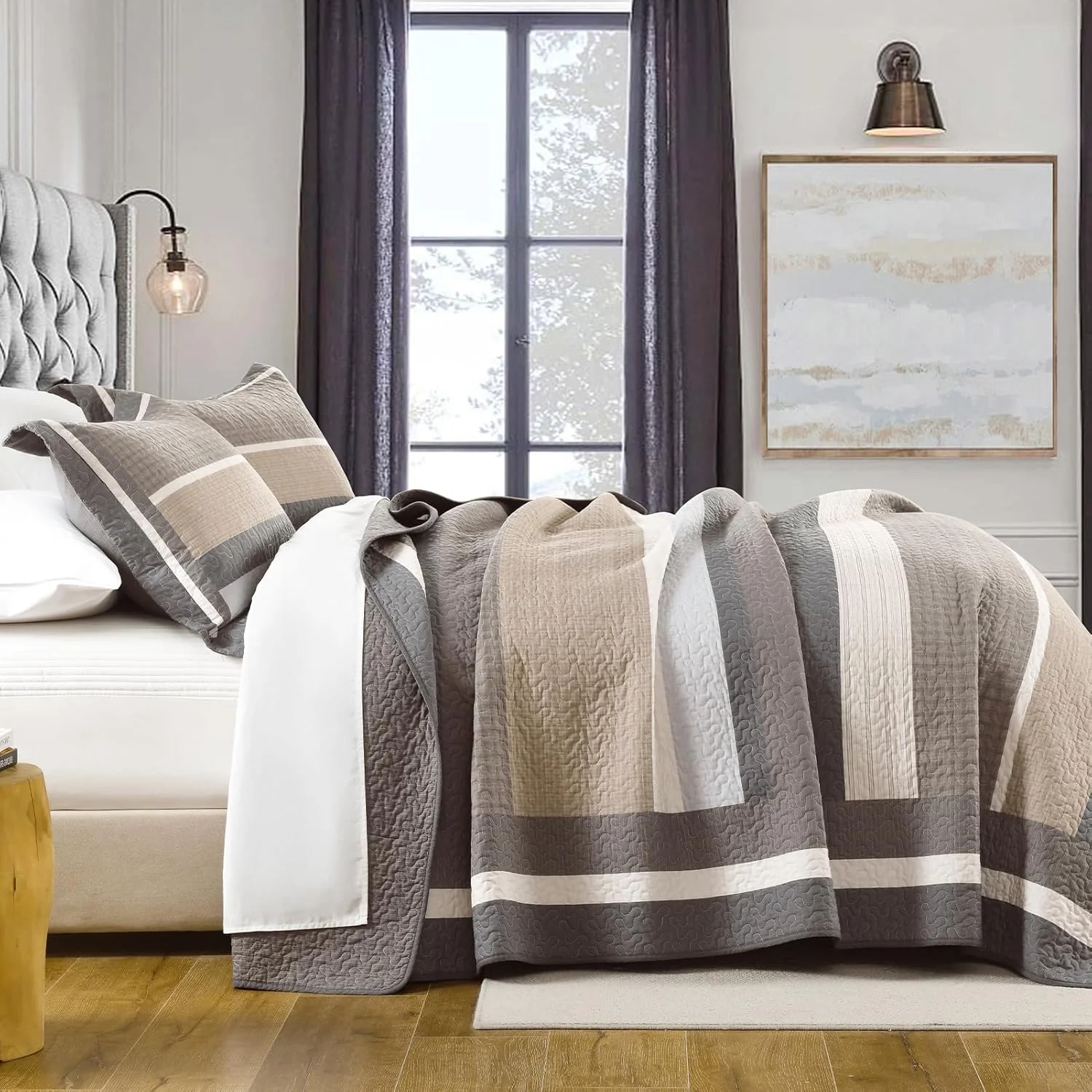 ست روتختی لحاف کینگ فاین استیچری، 3 تکه، 100% پنبه، لحاف طرح مزرعه ای راه راه قهوه ای و بژ، رو تختی سبک وزن دو رو، مناسب تمام فصول