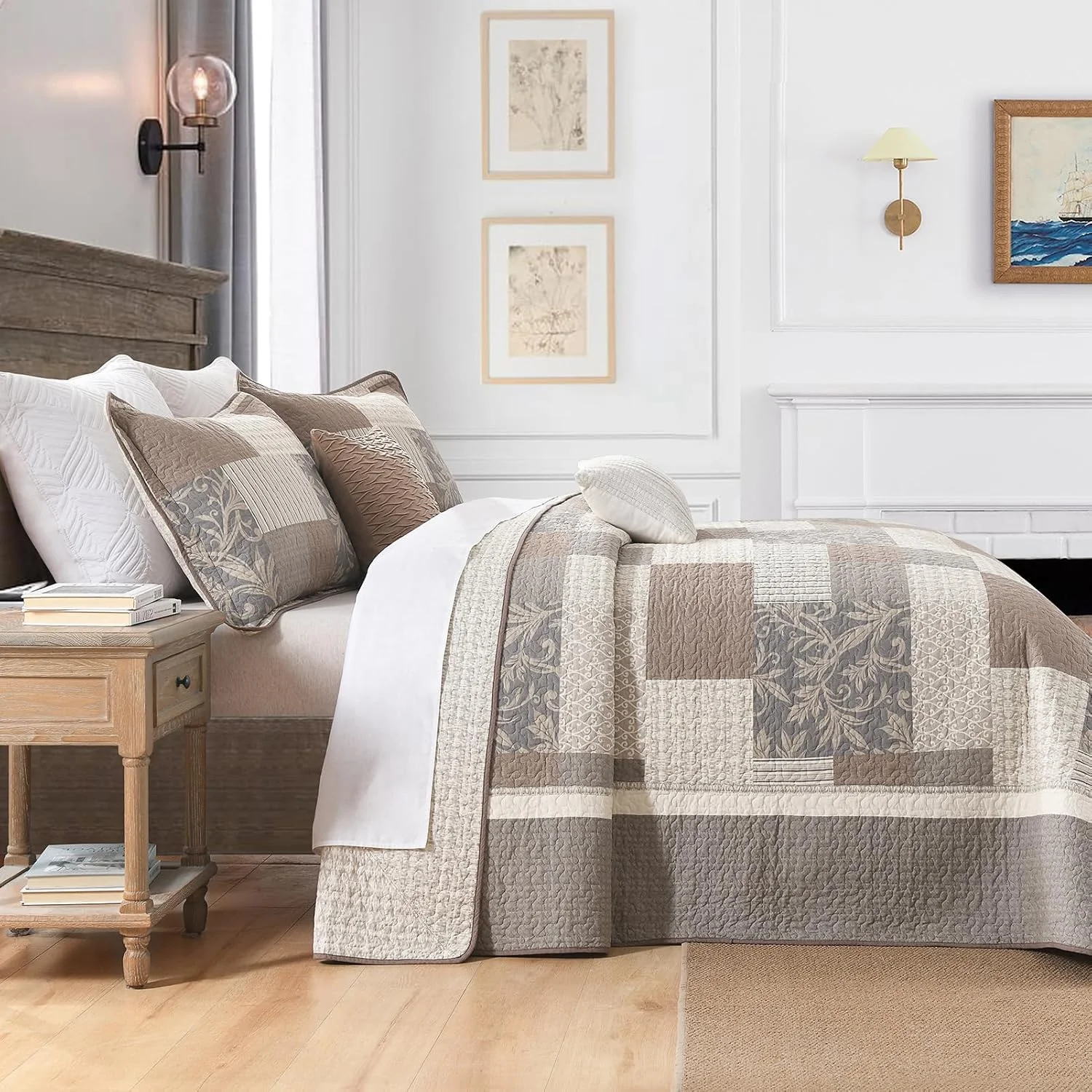 روتختی کینگ سایز بزرگ طرح مزرعه فاین استیچری 305x305 سانتی متر، لحاف بزرگ چهارخانه 100% پنبه به همراه 2 روبالشتی، رو تختی سبک وزن دو طرفه، خاکستری/بژ/قهوه ای