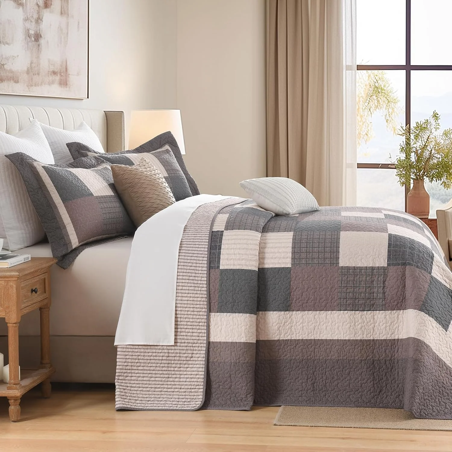 FineStichery 100% Cotton Queen Bedspread 102" Wx120 L, Oversized Quilt with Pillow Shams, Farmhouse Quilted Plaid Bed Spread Coverlet, Lightweight Bedding Cover, 3 Piece, Brown/Black