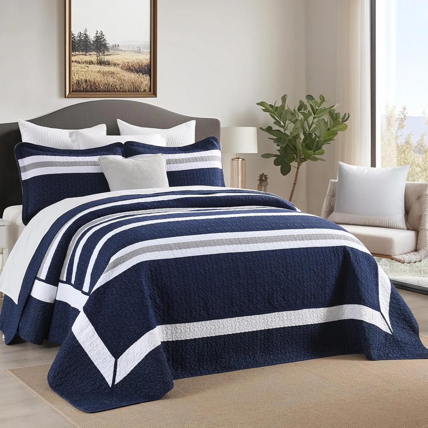 روتختی کینگ پنبه‌ای فاین استیچری سایز 305x305 سانتی‌متر - ست لحاف بزرگ با روبالشتی، روانداز تخت خواب راه راه سرمه‌ای آبی سبک وزن، روکش لحاف مدرن دو رو، 3 تکه