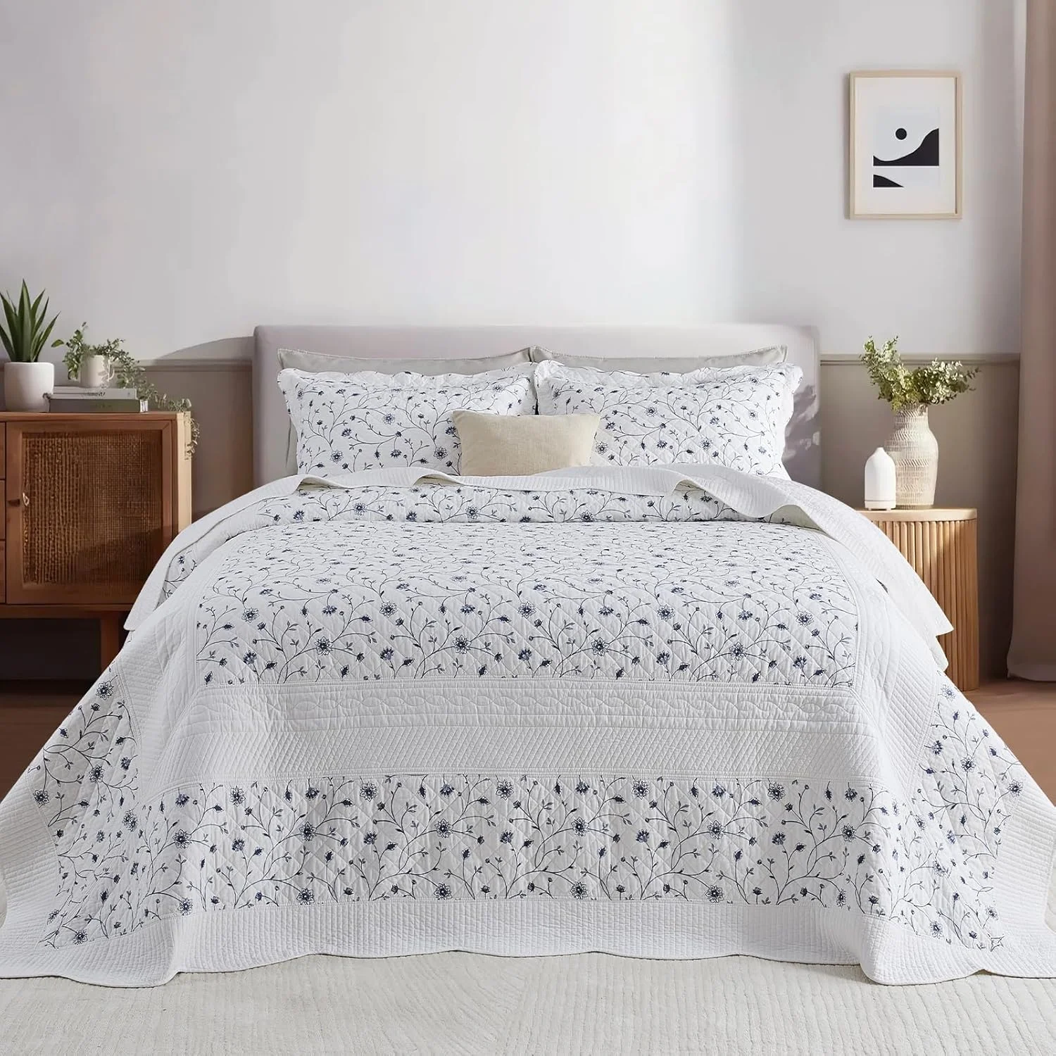 روتختی گلدار فاین استیچری سایز کینگ، لحاف روتختی بزرگ 305x305، ست روتختی 100% پنبه آبی و سفید با روبالشتی، لحاف نازک سبک وزن و نرم، 3 تکه روتختی گلدار فاین استیچری سایز کینگ، لحاف روتختی بزرگ 305x305، ست روتختی 100% پنبه آبی و سفید با روبالشتی، لحاف نازک سبک وزن و نرم، 3 تکه