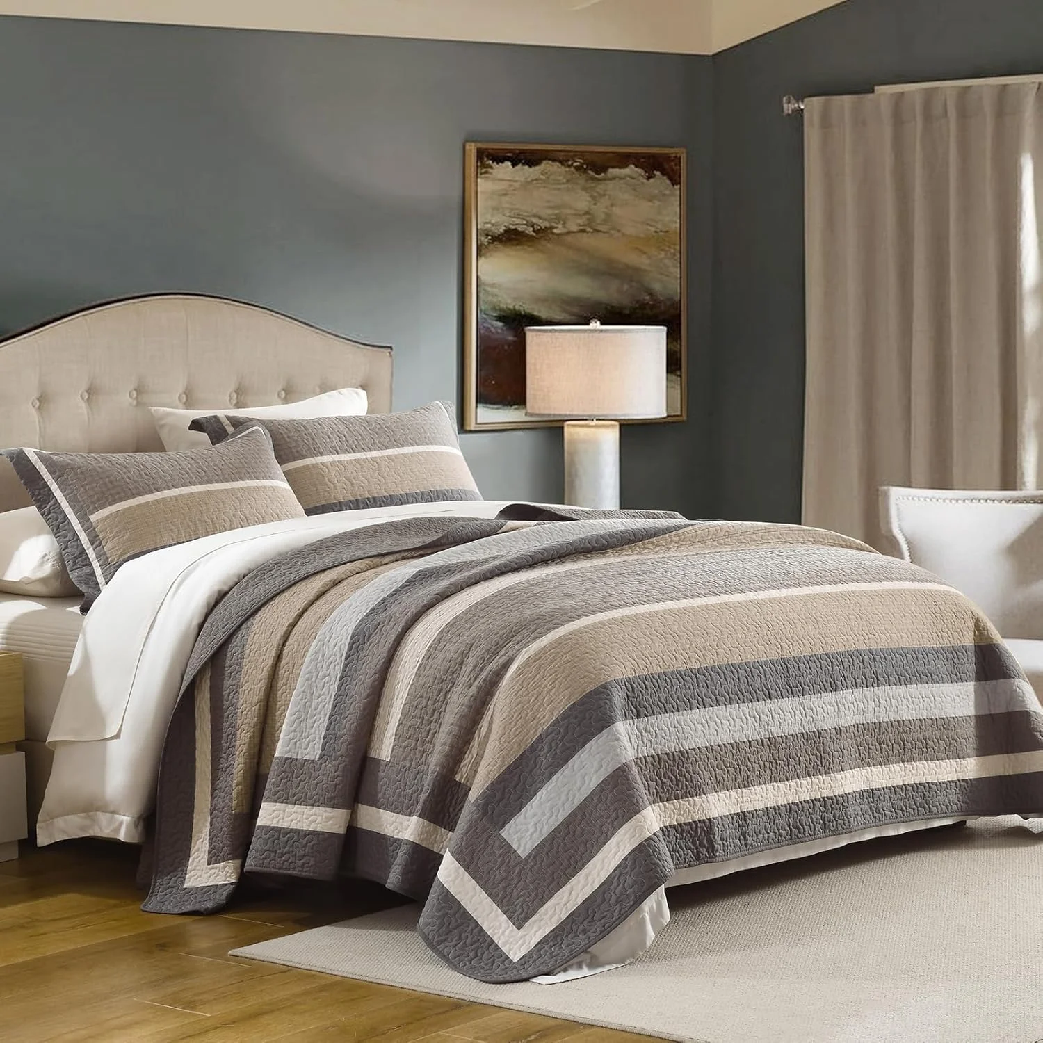 ست روتختی لحاف کینگ فاین استیچری، 3 تکه، 100% پنبه، لحاف طرح مزرعه ای راه راه قهوه ای و بژ، رو تختی سبک وزن دو رو، مناسب تمام فصول