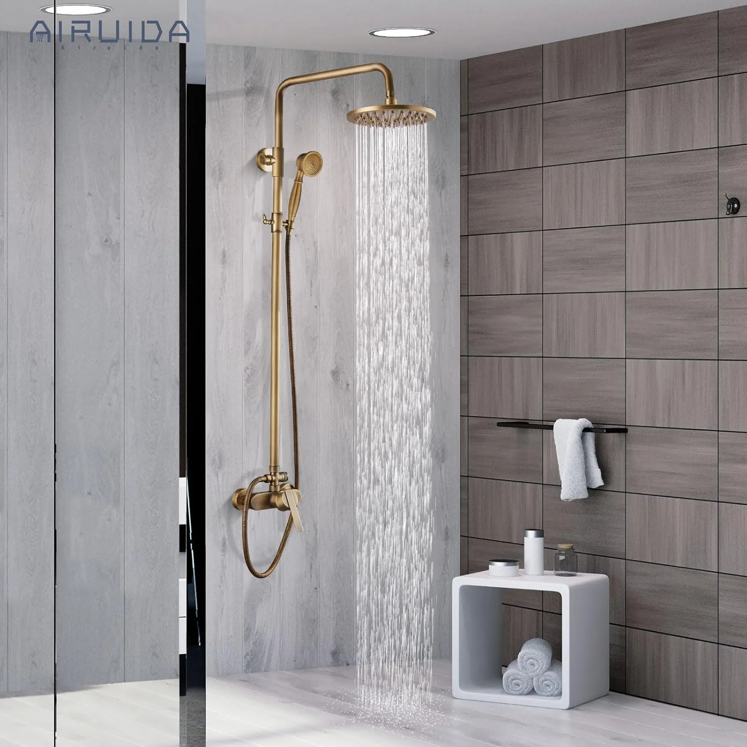 ست شیر دوش روکار برنجی عتیقه Airuida، شیرآلات دوش تک دستگیره، سر دوش بارانی 8 اینچی، شیر دوش قابل تنظیم، میله دوش مدرن، مجموعه ترکیبی دو منظوره ست شیر دوش روکار برنجی عتیقه Airuida، شیرآلات دوش تک دستگیره، سر دوش بارانی 8 اینچی، شیر دوش قابل تنظیم، میله دوش مدرن، مجموعه ترکیبی دو منظوره