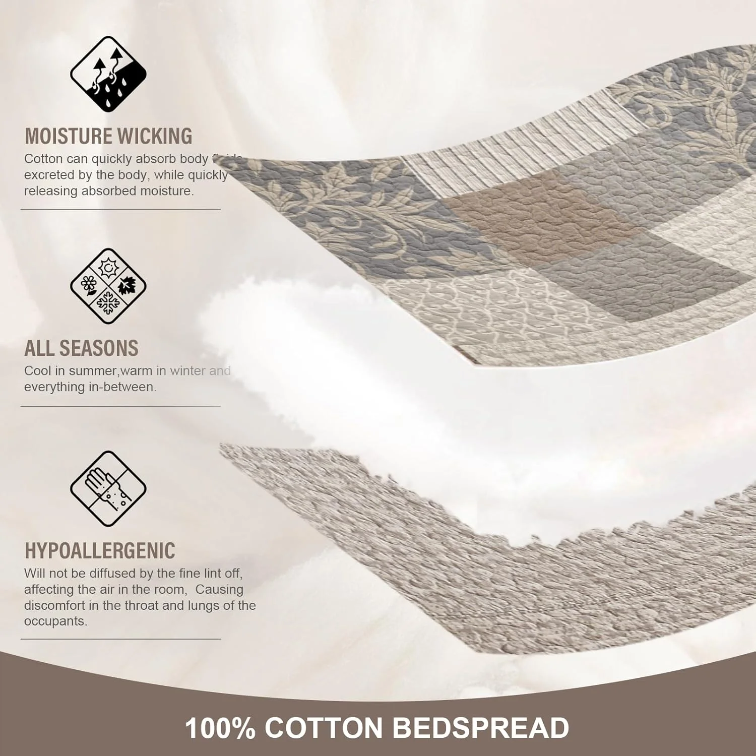 روتختی کینگ سایز بزرگ طرح مزرعه فاین استیچری 305x305 سانتی متر، لحاف بزرگ چهارخانه 100% پنبه به همراه 2 روبالشتی، رو تختی سبک وزن دو طرفه، خاکستری/بژ/قهوه ای