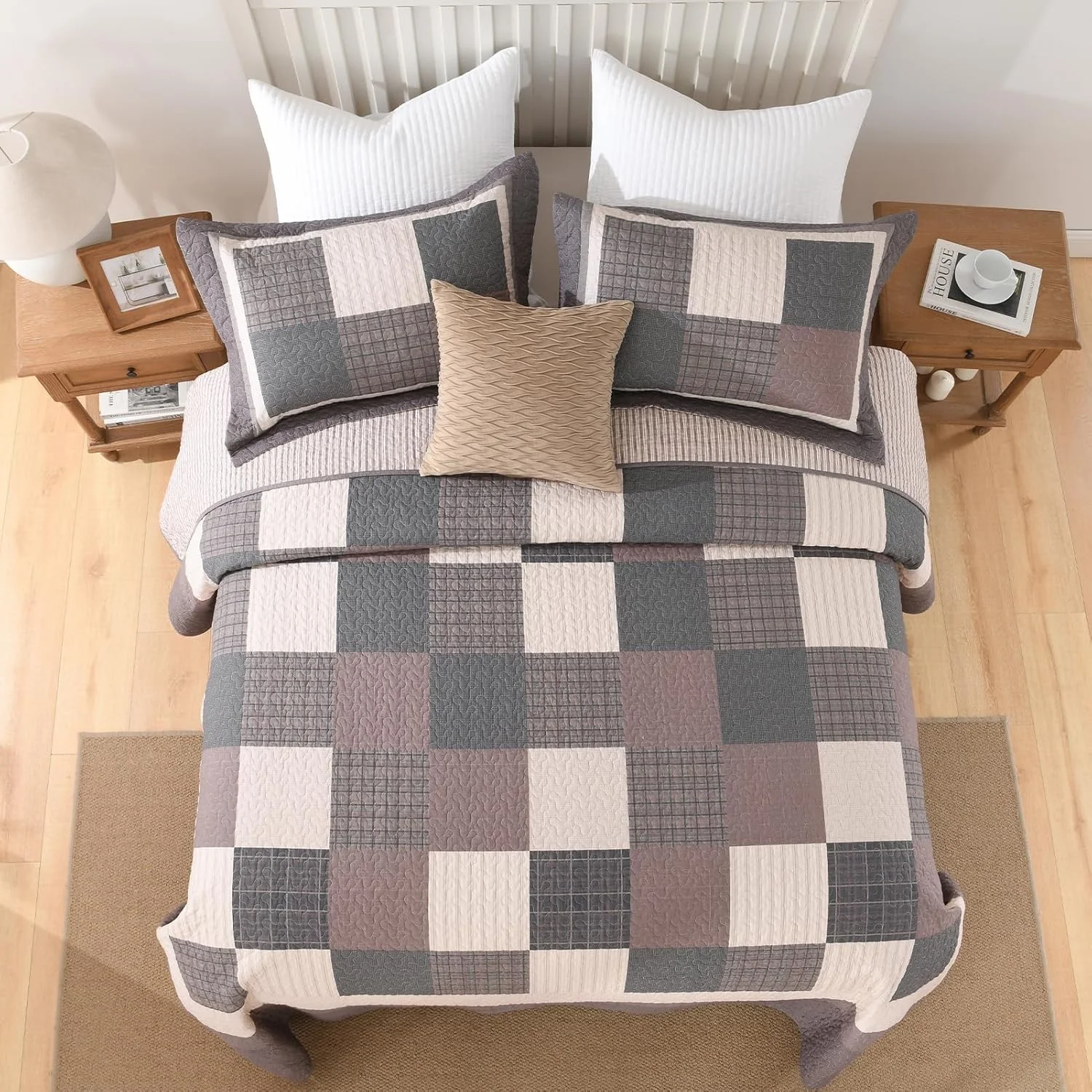 FineStichery 100% Cotton Queen Bedspread 102" Wx120 L, Oversized Quilt with Pillow Shams, Farmhouse Quilted Plaid Bed Spread Coverlet, Lightweight Bedding Cover, 3 Piece, Brown/Black