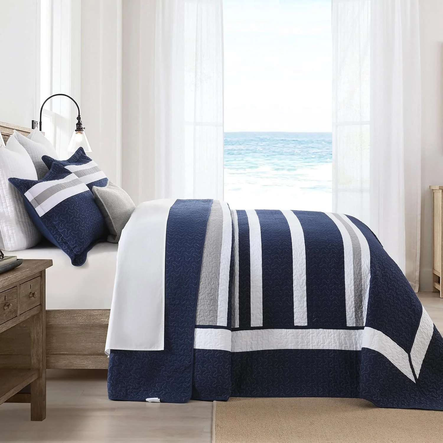 روتختی کینگ پنبه‌ای فاین استیچری سایز 305x305 سانتی‌متر - ست لحاف بزرگ با روبالشتی، روانداز تخت خواب راه راه سرمه‌ای آبی سبک وزن، روکش لحاف مدرن دو رو، 3 تکه