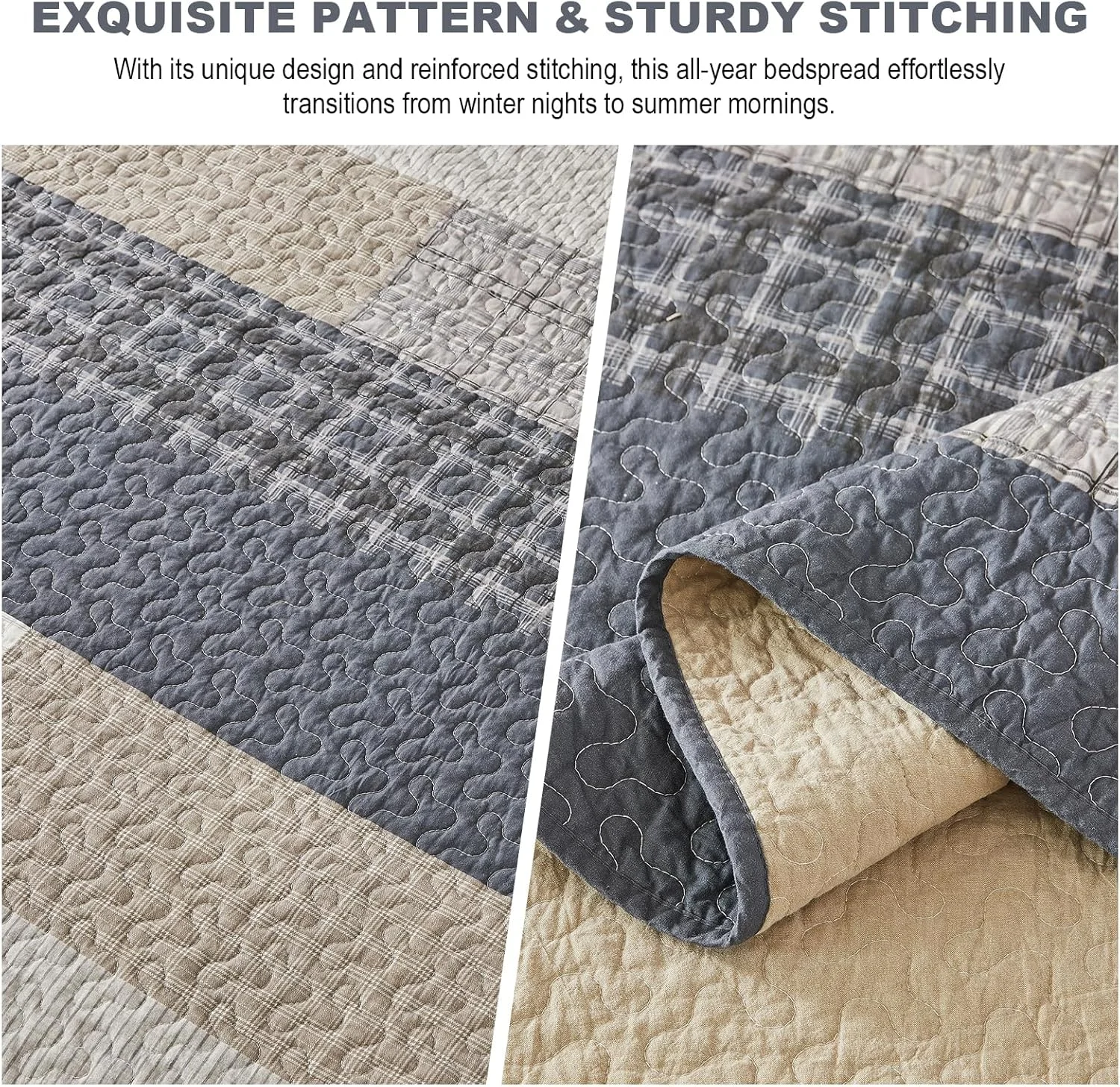 FineStichery 100% Cotton Queen Bedspread 120"x102", Oversized Quilt Bedspread Coverlet Set, Farmhouse Striped Pattern, Reversible Quilted Bedding Set, 3 Pieces, Gray/Brown/Beige/Dark Navy FineStichery 100% Cotton Queen Bedspread 120"x102", Oversized Quilt Bedspread Coverlet Set, Farmhouse Striped Pattern, Reversible Quilted Bedding Set, 3 Pieces, Gray/Brown/Beige/Dark Navy