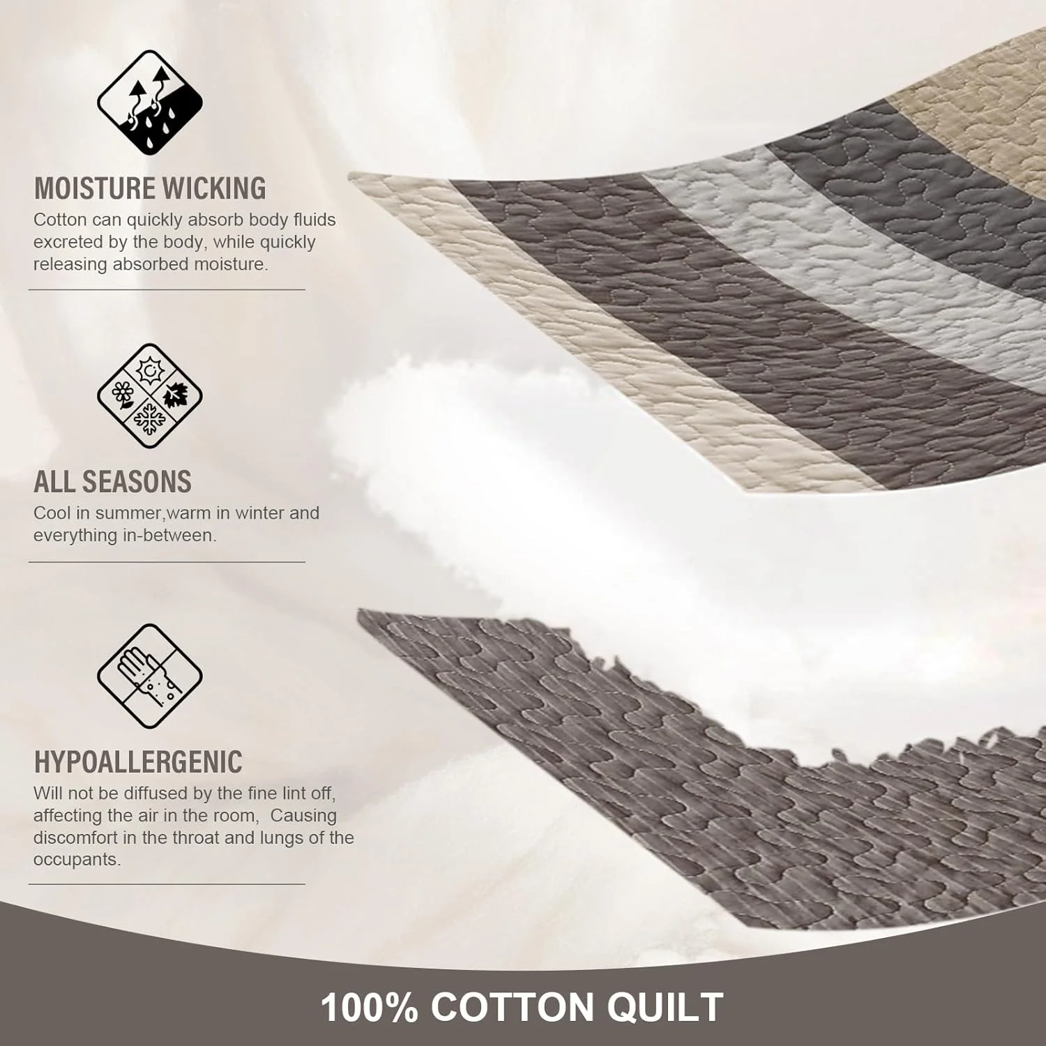 ست روتختی لحاف کینگ فاین استیچری، 3 تکه، 100% پنبه، لحاف طرح مزرعه ای راه راه قهوه ای و بژ، رو تختی سبک وزن دو رو، مناسب تمام فصول