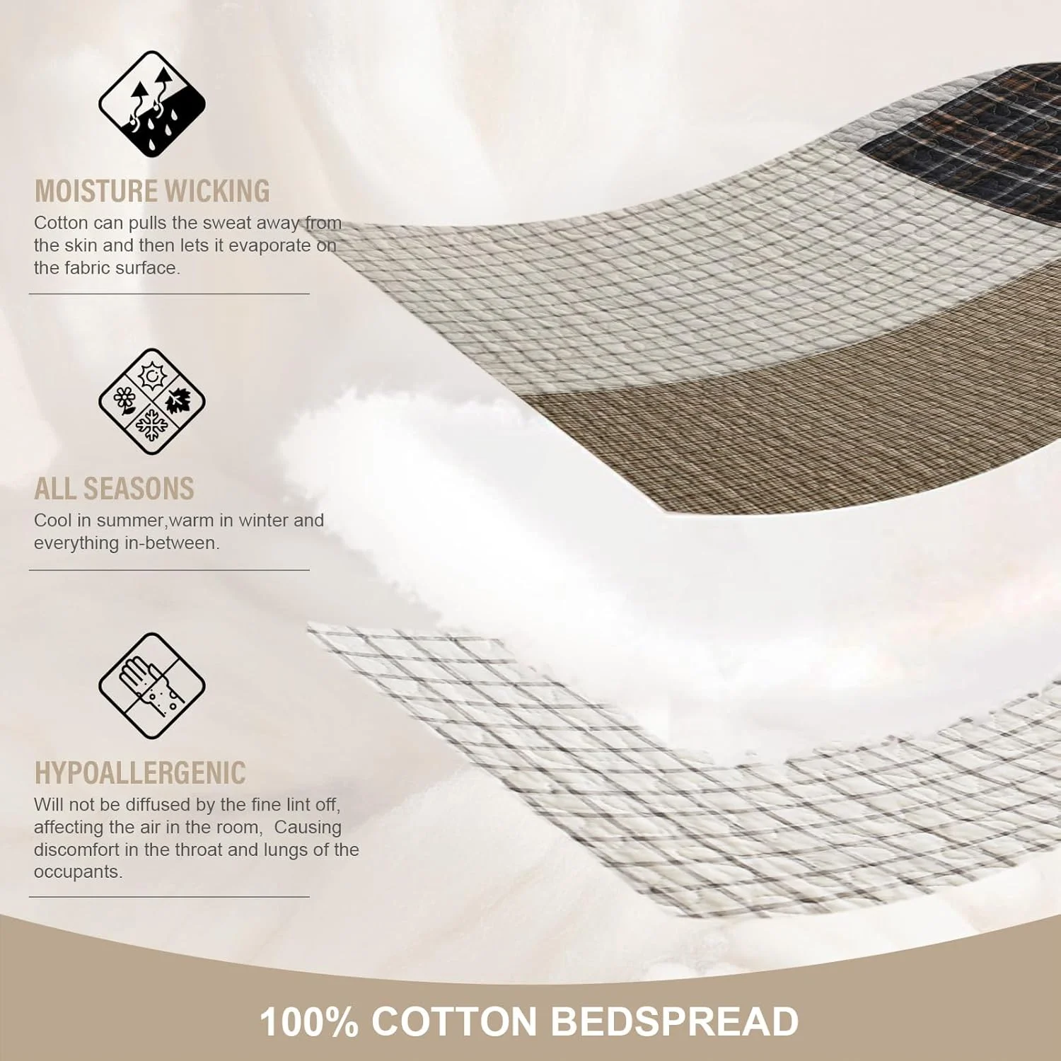 روتختی بزرگ فاین استیچری 305x259 سانتی متر، ست روتختی لحافی تکه دوزی 100% پنبه ای کوئین همراه با روبالشتی، روکش لحافی سبک وزن طرح خانه روستایی، قهوه ای/بژ/خاکستری