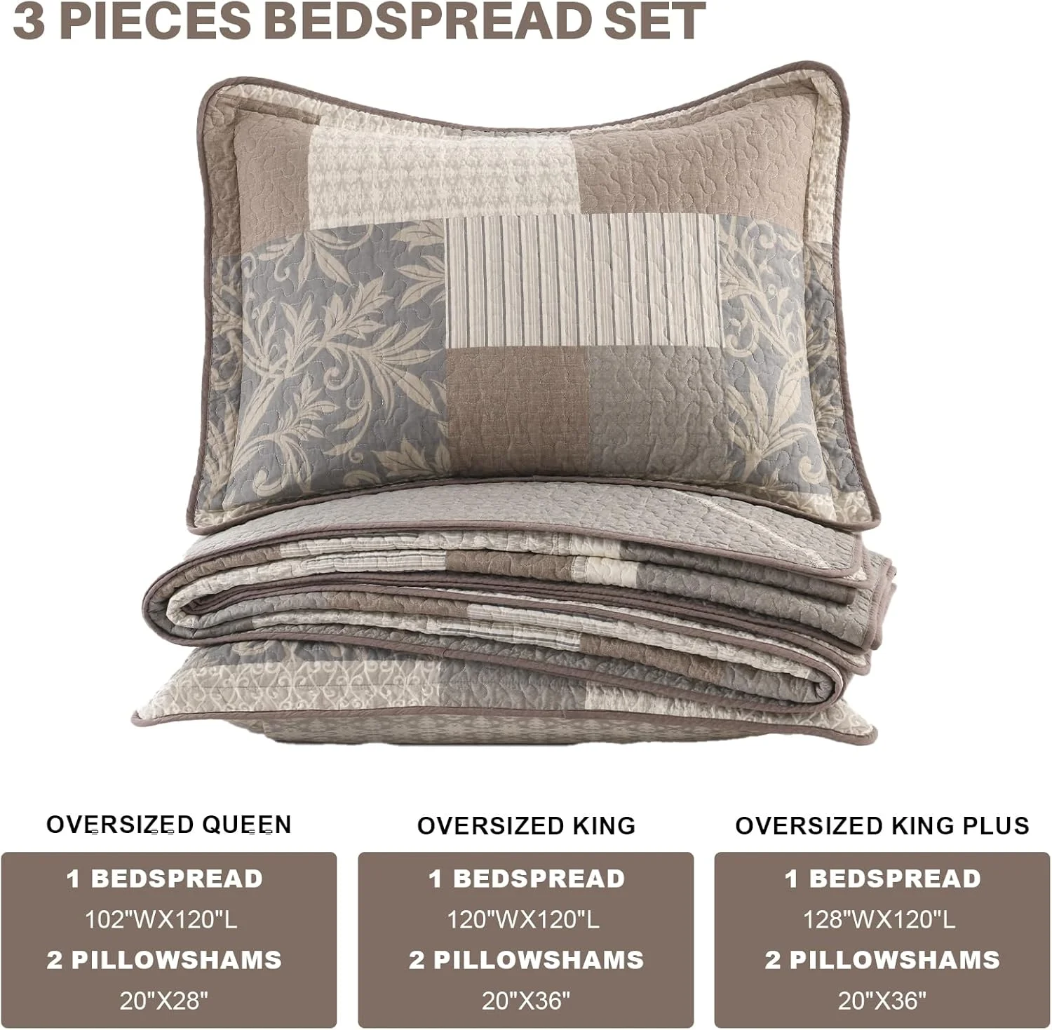 روتختی کینگ سایز بزرگ طرح مزرعه فاین استیچری 305x305 سانتی متر، لحاف بزرگ چهارخانه 100% پنبه به همراه 2 روبالشتی، رو تختی سبک وزن دو طرفه، خاکستری/بژ/قهوه ای