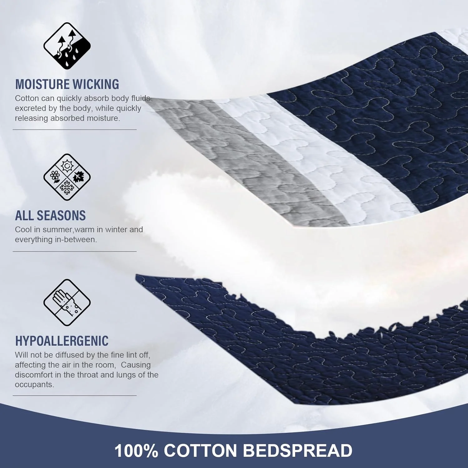 روتختی کینگ پنبه‌ای فاین استیچری سایز 305x305 سانتی‌متر - ست لحاف بزرگ با روبالشتی، روانداز تخت خواب راه راه سرمه‌ای آبی سبک وزن، روکش لحاف مدرن دو رو، 3 تکه