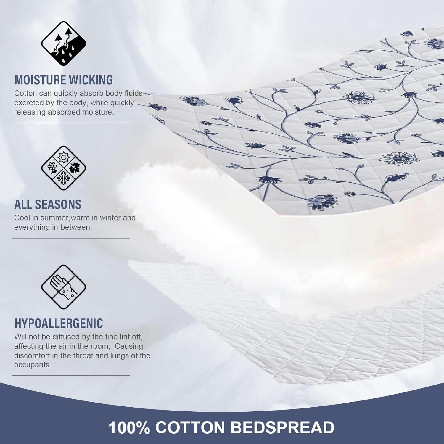 روتختی گلدار فاین استیچری سایز کینگ، لحاف روتختی بزرگ 305x305، ست روتختی 100% پنبه آبی و سفید با روبالشتی، لحاف نازک سبک وزن و نرم، 3 تکه روتختی گلدار فاین استیچری سایز کینگ، لحاف روتختی بزرگ 305x305، ست روتختی 100% پنبه آبی و سفید با روبالشتی، لحاف نازک سبک وزن و نرم، 3 تکه