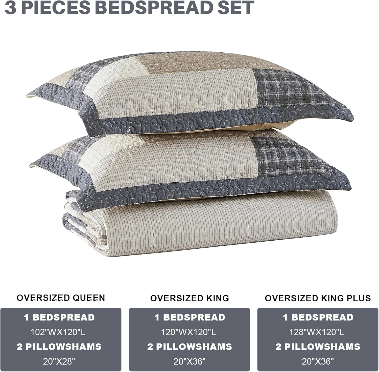 FineStichery 100% Cotton Queen Bedspread 120"x102", Oversized Quilt Bedspread Coverlet Set, Farmhouse Striped Pattern, Reversible Quilted Bedding Set, 3 Pieces, Gray/Brown/Beige/Dark Navy FineStichery 100% Cotton Queen Bedspread 120"x102", Oversized Quilt Bedspread Coverlet Set, Farmhouse Striped Pattern, Reversible Quilted Bedding Set, 3 Pieces, Gray/Brown/Beige/Dark Navy