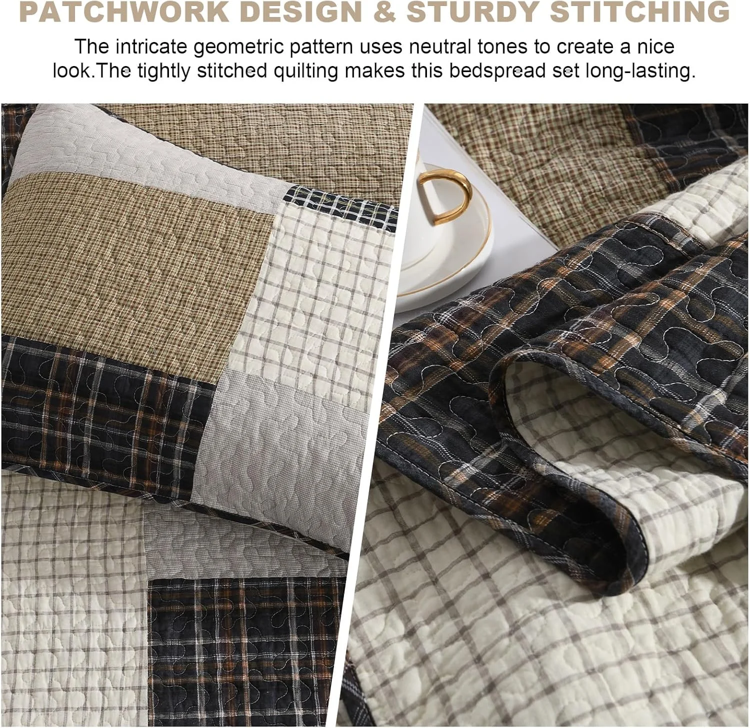 روتختی بزرگ فاین استیچری 305x259 سانتی متر، ست روتختی لحافی تکه دوزی 100% پنبه ای کوئین همراه با روبالشتی، روکش لحافی سبک وزن طرح خانه روستایی، قهوه ای/بژ/خاکستری