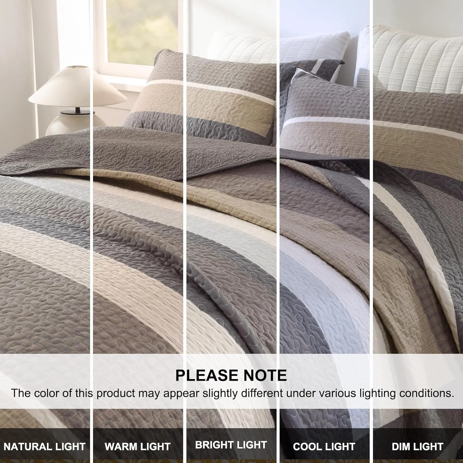 ست روتختی لحاف کینگ فاین استیچری، 3 تکه، 100% پنبه، لحاف طرح مزرعه ای راه راه قهوه ای و بژ، رو تختی سبک وزن دو رو، مناسب تمام فصول