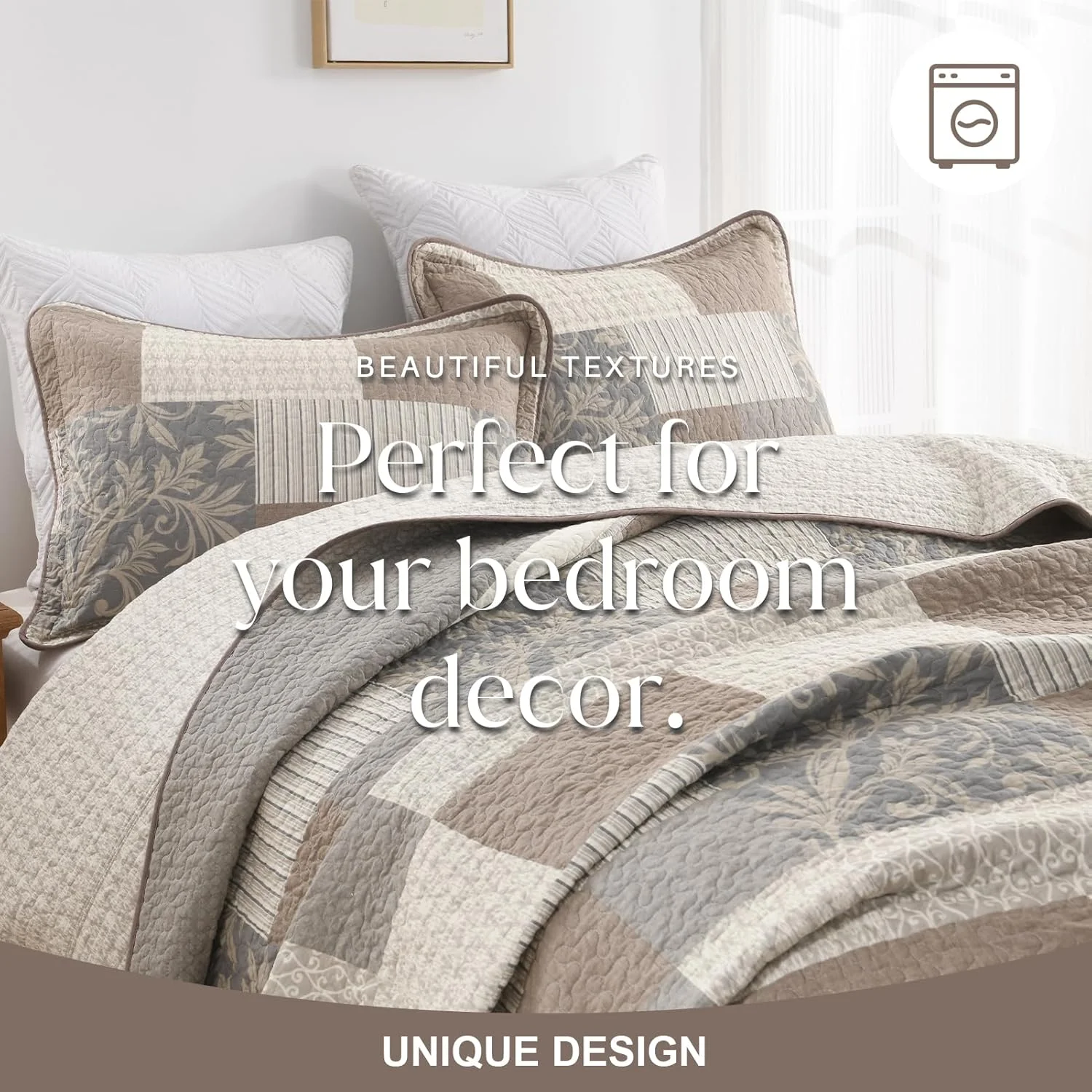 روتختی کینگ سایز بزرگ طرح مزرعه فاین استیچری 305x305 سانتی متر، لحاف بزرگ چهارخانه 100% پنبه به همراه 2 روبالشتی، رو تختی سبک وزن دو طرفه، خاکستری/بژ/قهوه ای