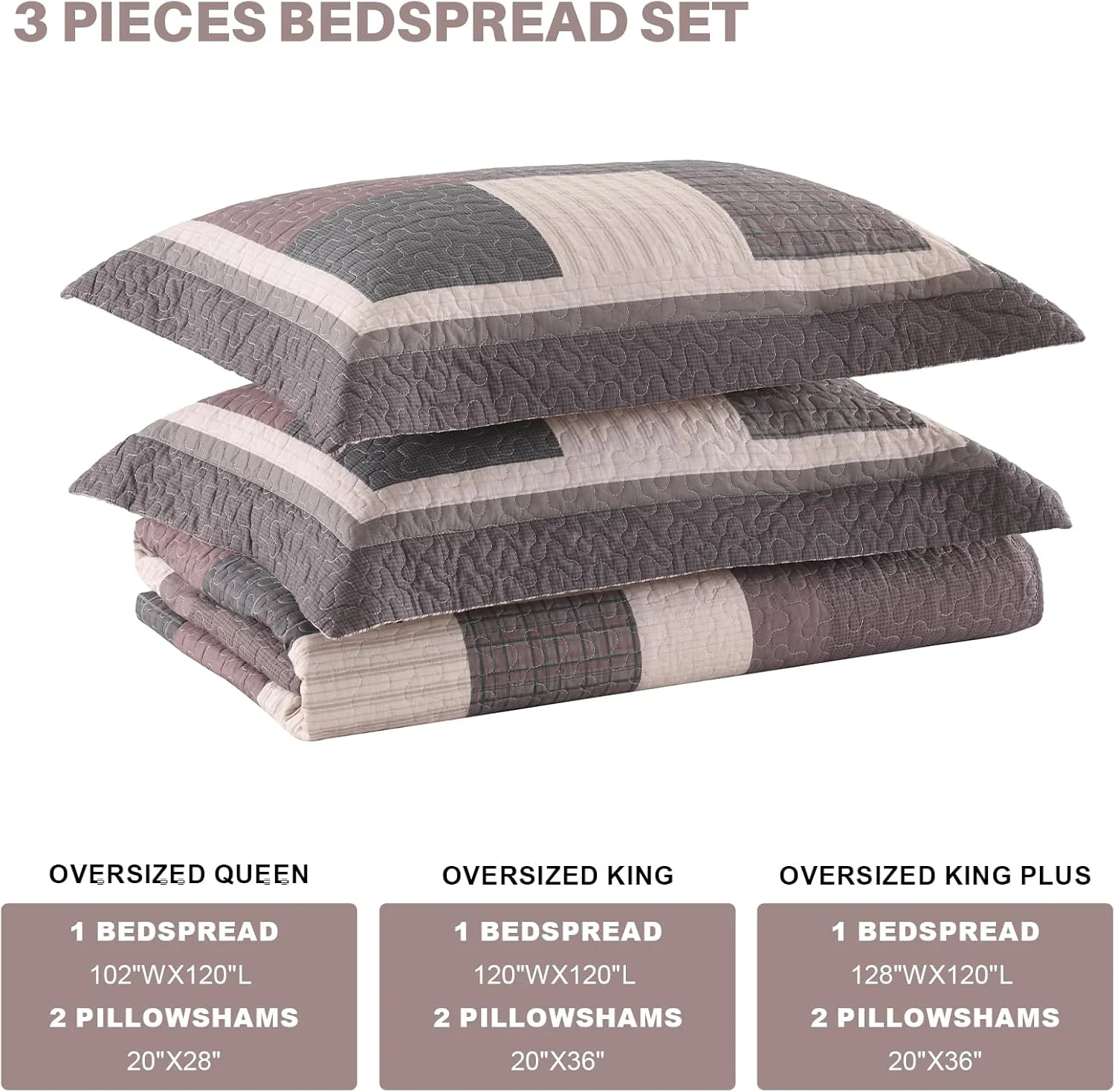 FineStichery 100% Cotton Queen Bedspread 102" Wx120 L, Oversized Quilt with Pillow Shams, Farmhouse Quilted Plaid Bed Spread Coverlet, Lightweight Bedding Cover, 3 Piece, Brown/Black