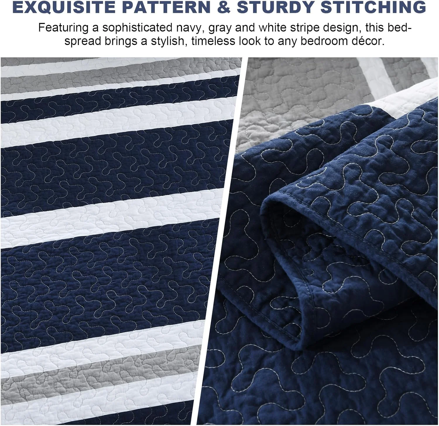 روتختی کینگ پنبه‌ای فاین استیچری سایز 305x305 سانتی‌متر - ست لحاف بزرگ با روبالشتی، روانداز تخت خواب راه راه سرمه‌ای آبی سبک وزن، روکش لحاف مدرن دو رو، 3 تکه