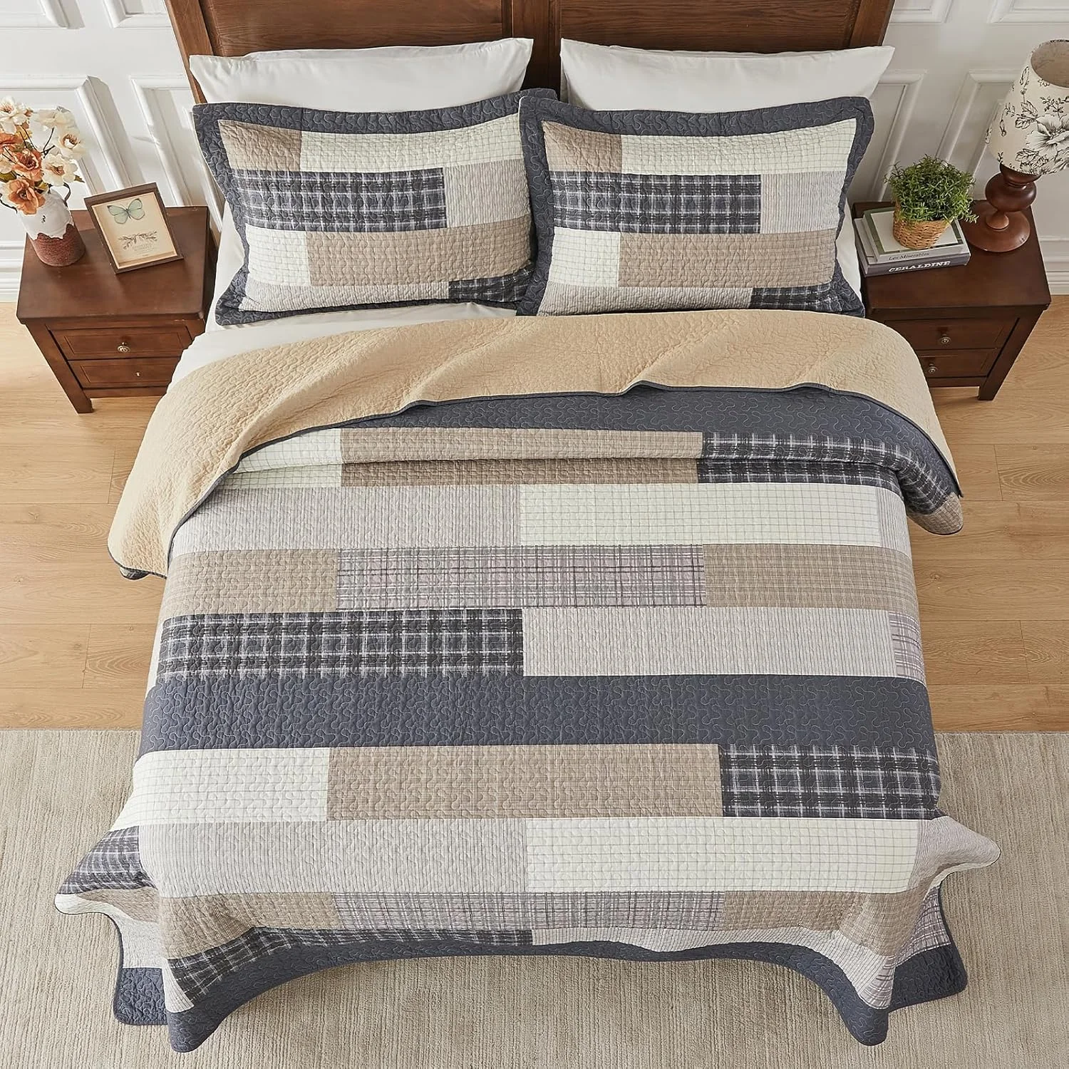 FineStichery 100% Cotton Queen Bedspread 120"x102", Oversized Quilt Bedspread Coverlet Set, Farmhouse Striped Pattern, Reversible Quilted Bedding Set, 3 Pieces, Gray/Brown/Beige/Dark Navy FineStichery 100% Cotton Queen Bedspread 120"x102", Oversized Quilt Bedspread Coverlet Set, Farmhouse Striped Pattern, Reversible Quilted Bedding Set, 3 Pieces, Gray/Brown/Beige/Dark Navy