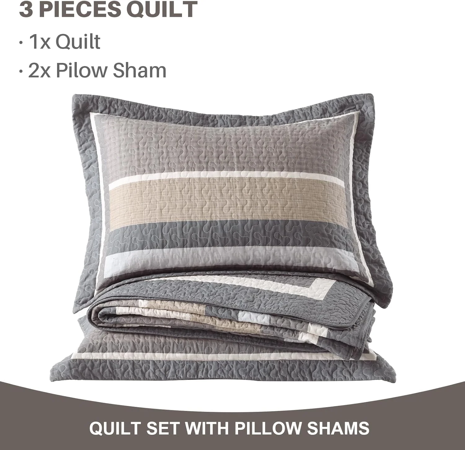 ست روتختی لحاف کینگ فاین استیچری، 3 تکه، 100% پنبه، لحاف طرح مزرعه ای راه راه قهوه ای و بژ، رو تختی سبک وزن دو رو، مناسب تمام فصول