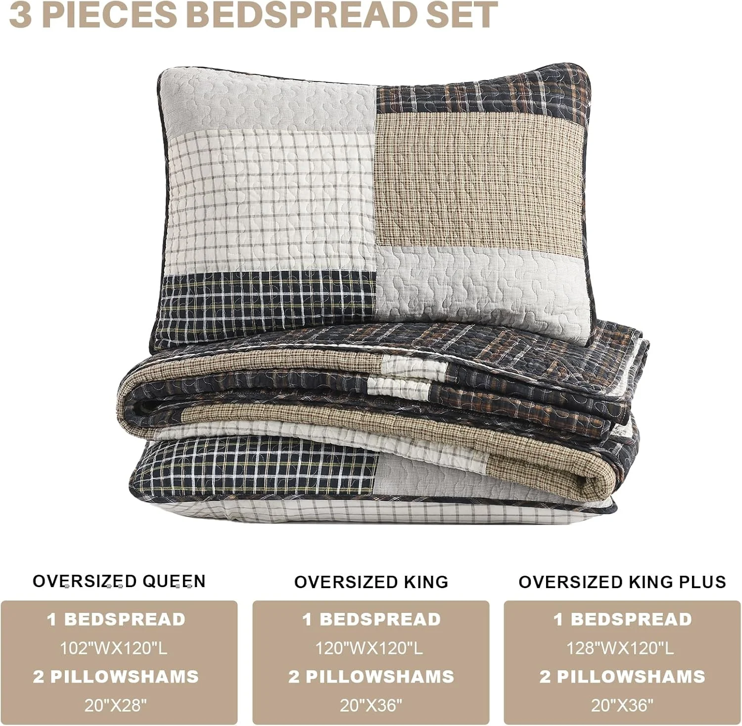 روتختی بزرگ فاین استیچری 305x259 سانتی متر، ست روتختی لحافی تکه دوزی 100% پنبه ای کوئین همراه با روبالشتی، روکش لحافی سبک وزن طرح خانه روستایی، قهوه ای/بژ/خاکستری