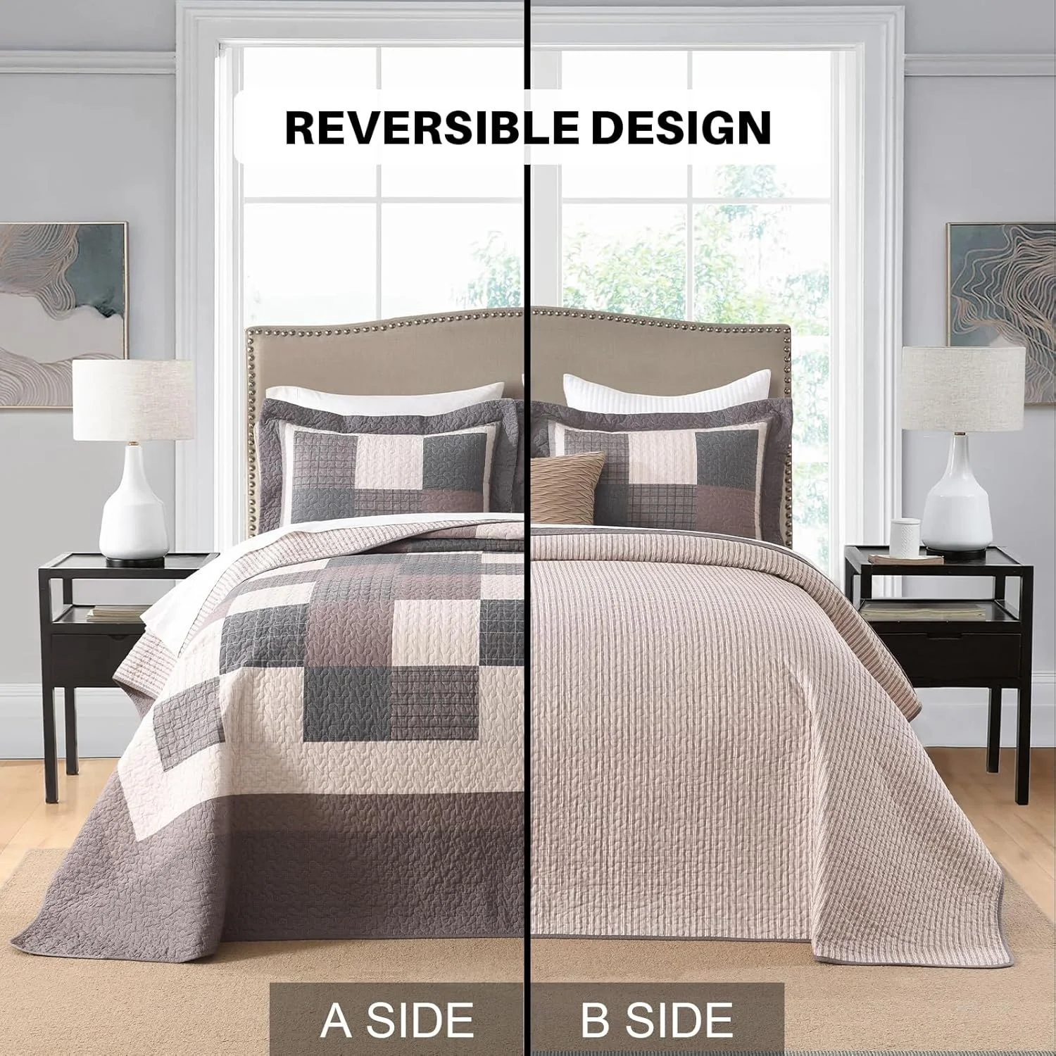 FineStichery 100% Cotton Queen Bedspread 102" Wx120 L, Oversized Quilt with Pillow Shams, Farmhouse Quilted Plaid Bed Spread Coverlet, Lightweight Bedding Cover, 3 Piece, Brown/Black