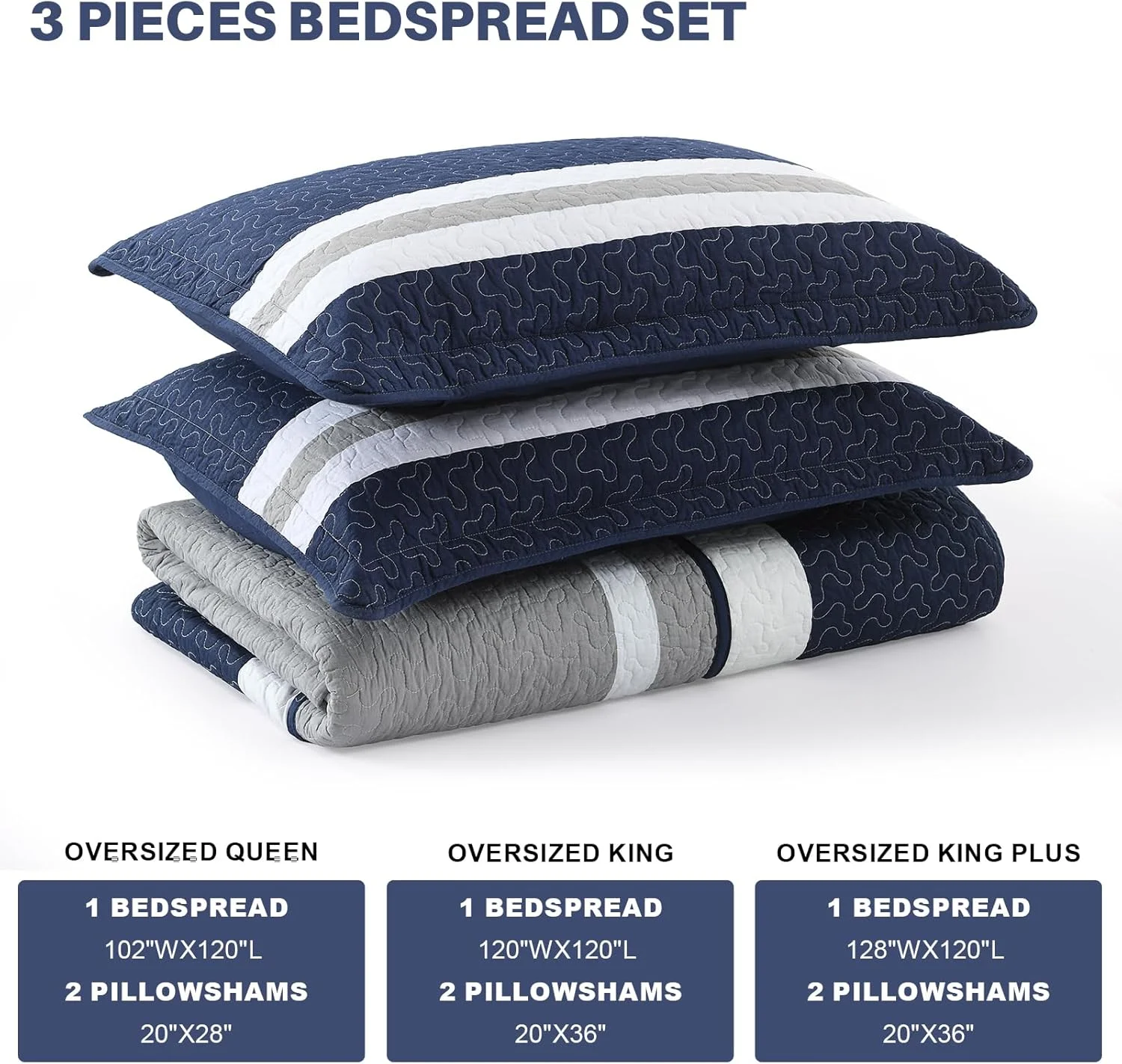روتختی کینگ پنبه‌ای فاین استیچری سایز 305x305 سانتی‌متر - ست لحاف بزرگ با روبالشتی، روانداز تخت خواب راه راه سرمه‌ای آبی سبک وزن، روکش لحاف مدرن دو رو، 3 تکه