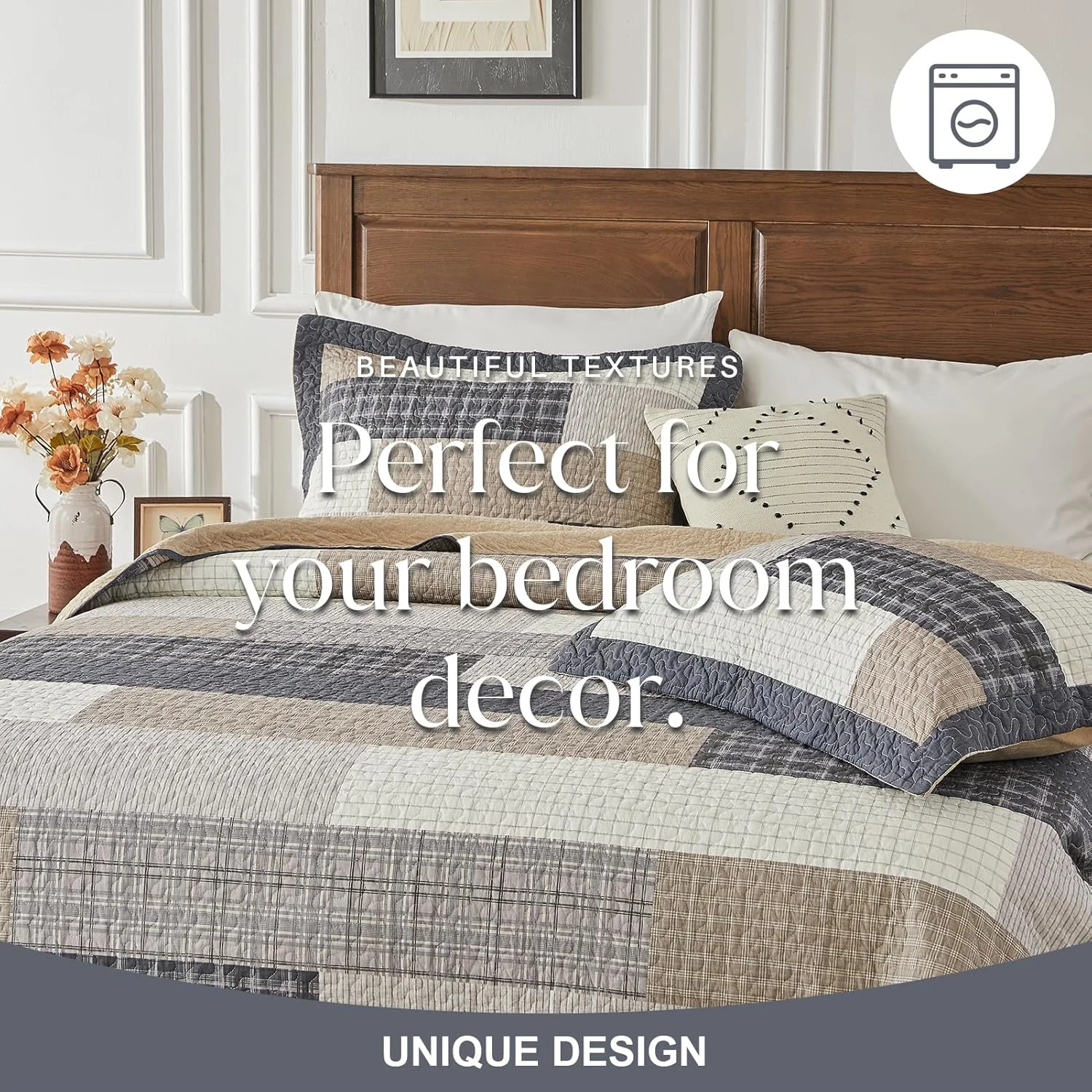 FineStichery 100% Cotton Queen Bedspread 120"x102", Oversized Quilt Bedspread Coverlet Set, Farmhouse Striped Pattern, Reversible Quilted Bedding Set, 3 Pieces, Gray/Brown/Beige/Dark Navy FineStichery 100% Cotton Queen Bedspread 120"x102", Oversized Quilt Bedspread Coverlet Set, Farmhouse Striped Pattern, Reversible Quilted Bedding Set, 3 Pieces, Gray/Brown/Beige/Dark Navy