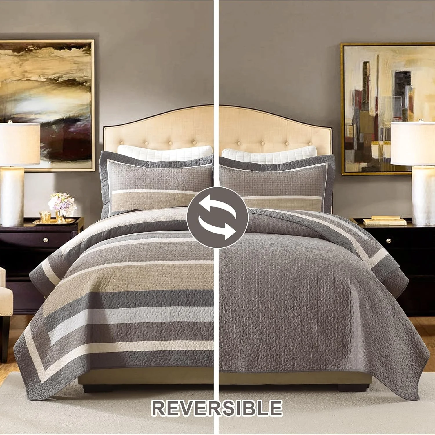 ست روتختی لحاف کینگ فاین استیچری، 3 تکه، 100% پنبه، لحاف طرح مزرعه ای راه راه قهوه ای و بژ، رو تختی سبک وزن دو رو، مناسب تمام فصول