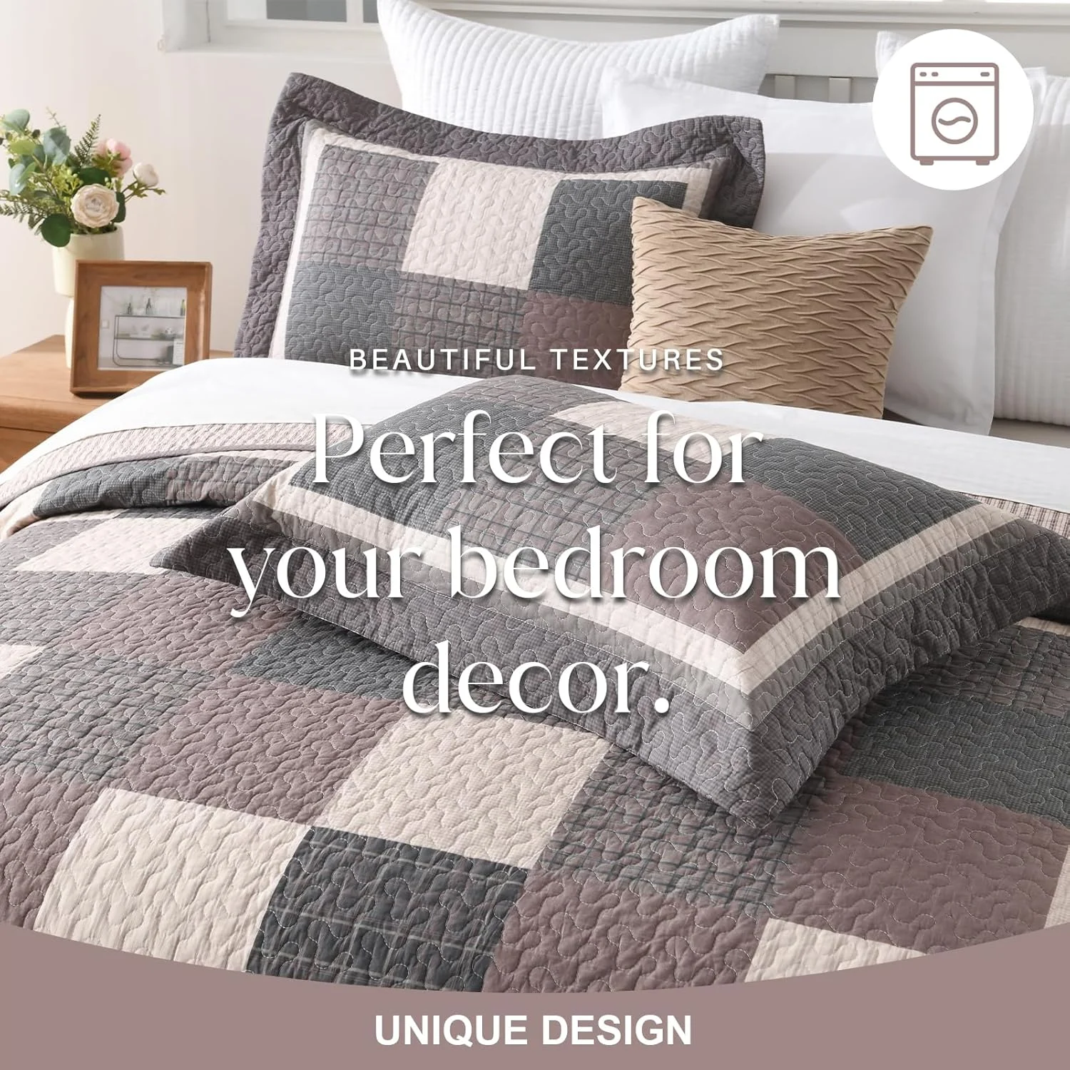 FineStichery 100% Cotton Queen Bedspread 102" Wx120 L, Oversized Quilt with Pillow Shams, Farmhouse Quilted Plaid Bed Spread Coverlet, Lightweight Bedding Cover, 3 Piece, Brown/Black