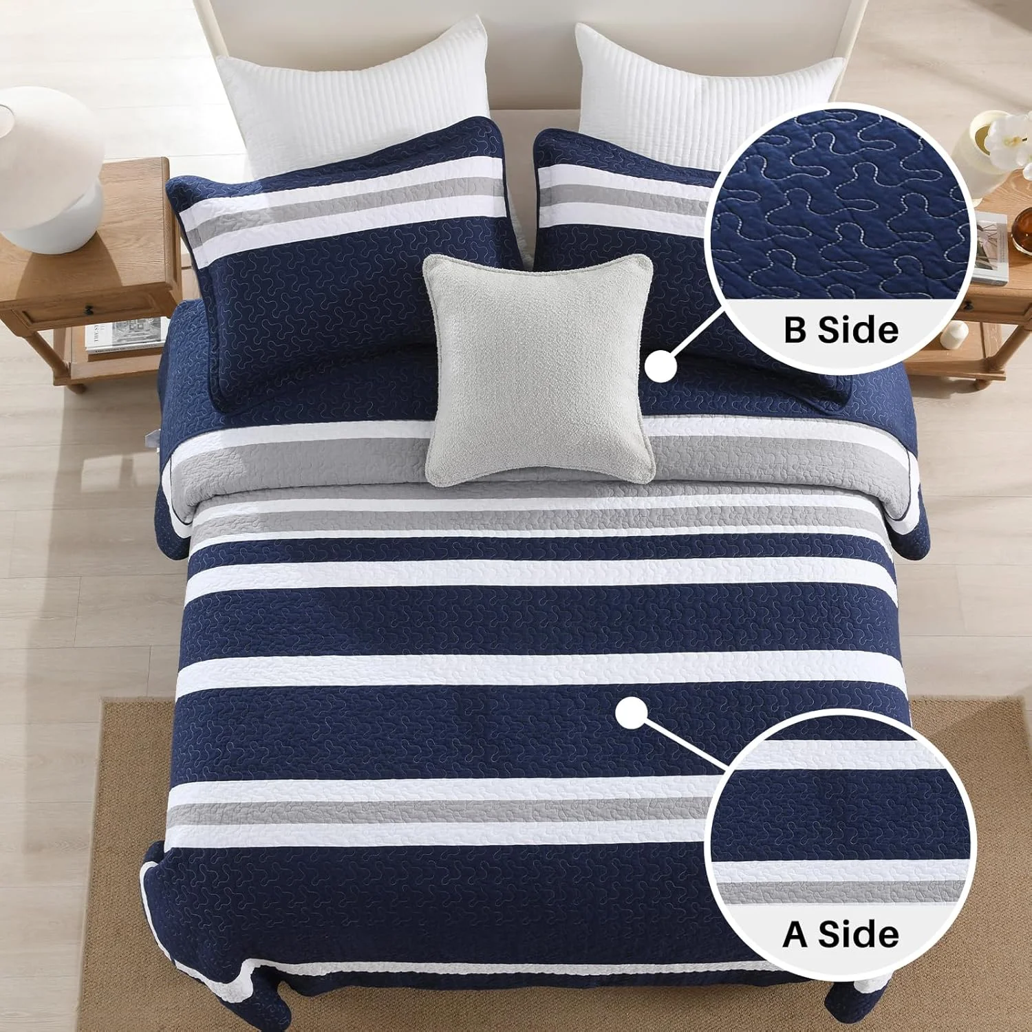 روتختی کینگ پنبه‌ای فاین استیچری سایز 305x305 سانتی‌متر - ست لحاف بزرگ با روبالشتی، روانداز تخت خواب راه راه سرمه‌ای آبی سبک وزن، روکش لحاف مدرن دو رو، 3 تکه